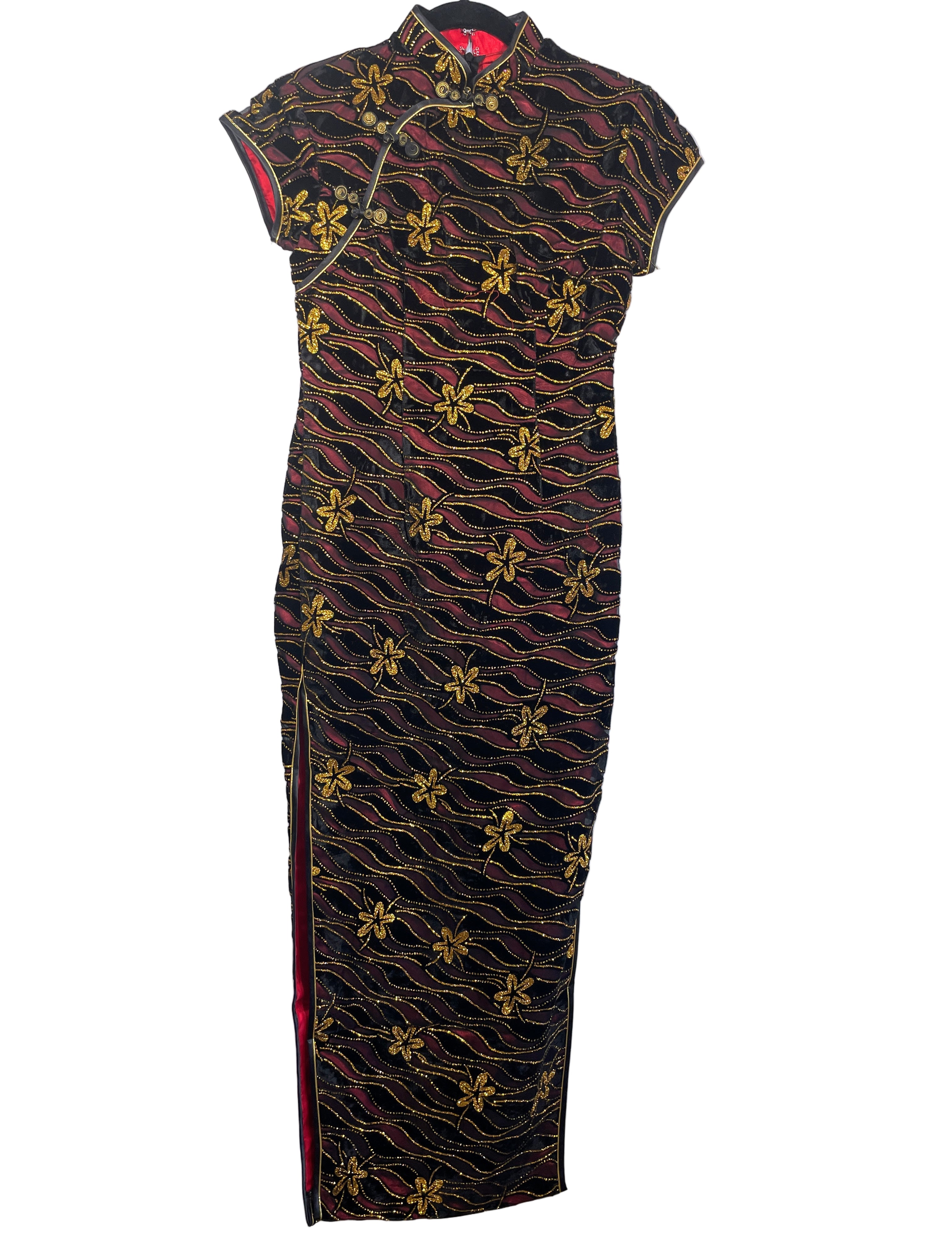 Guizu Qipao black gold embroidered cheongsam dress