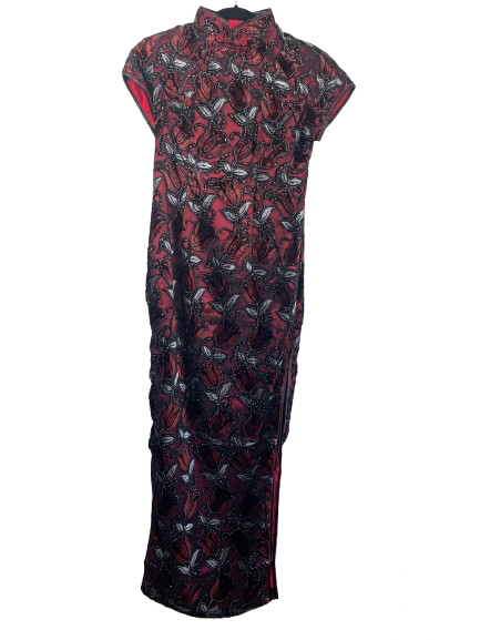 Full-length red and black brocade qipao dress with mandarin collar