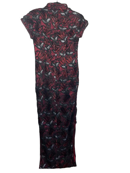 Full-length red and black brocade qipao dress with mandarin collar back view