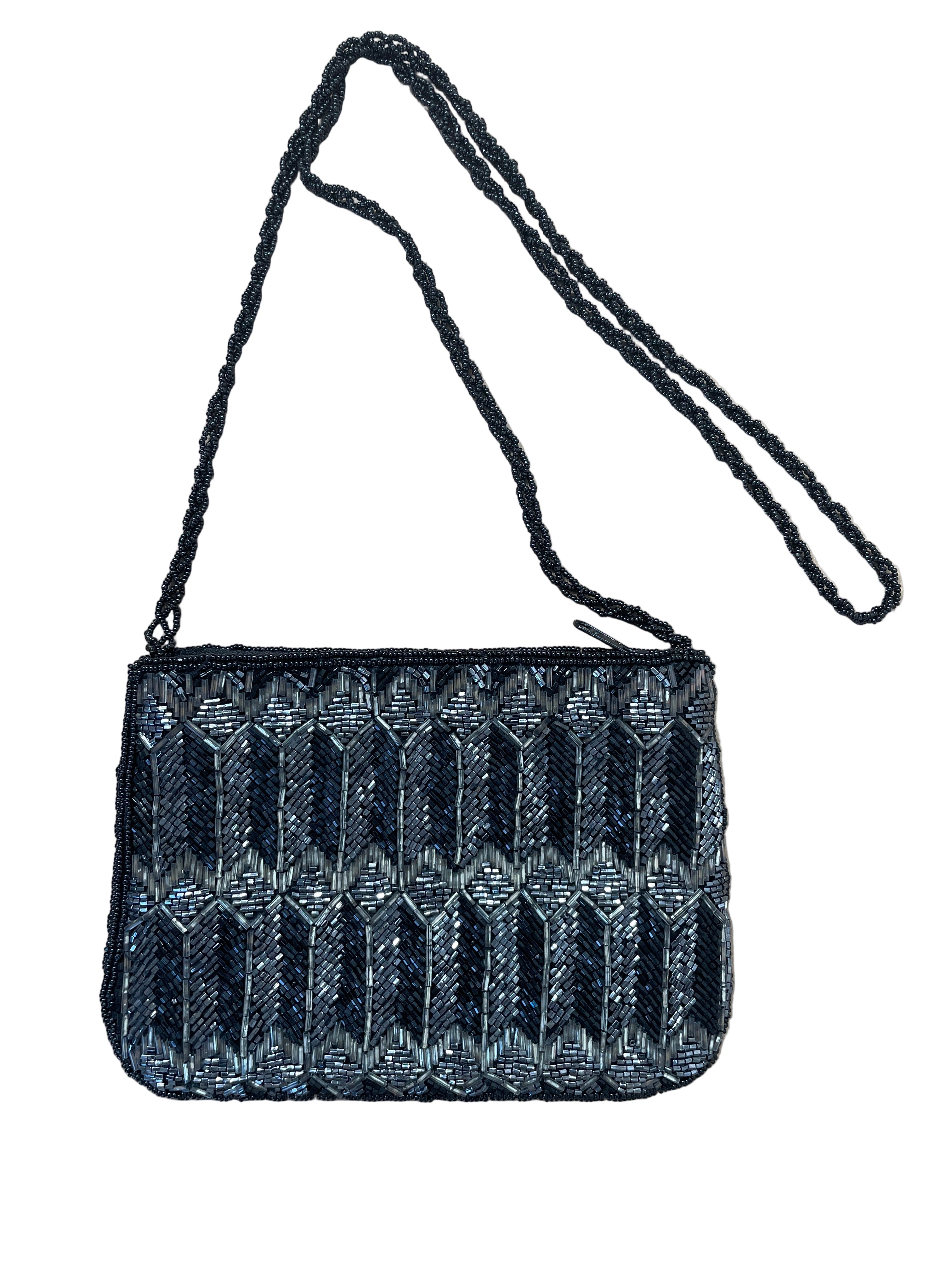 vintage black beaded crossbody purse front view