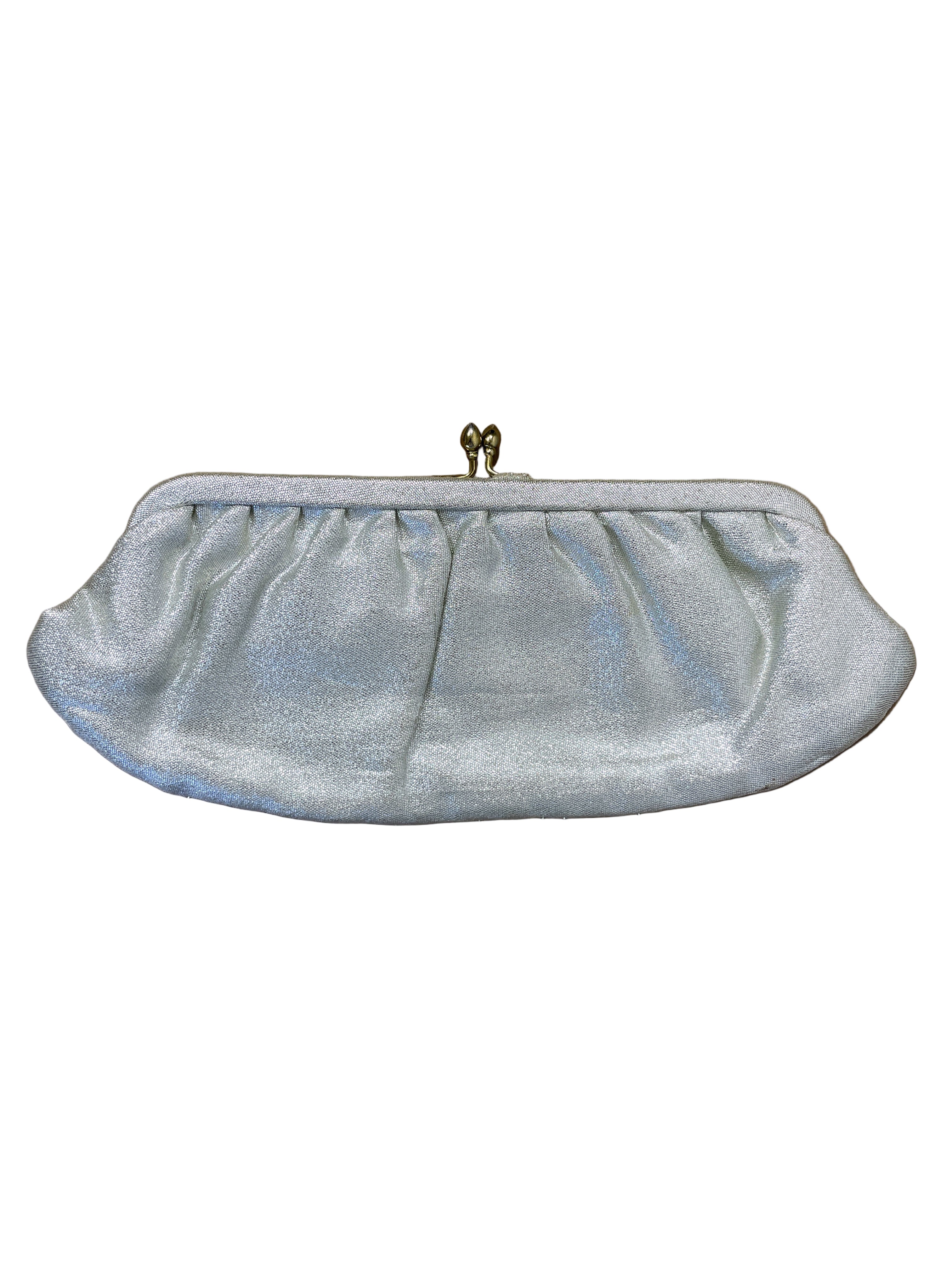 vintage silver evening clutch with kiss lock closure front view