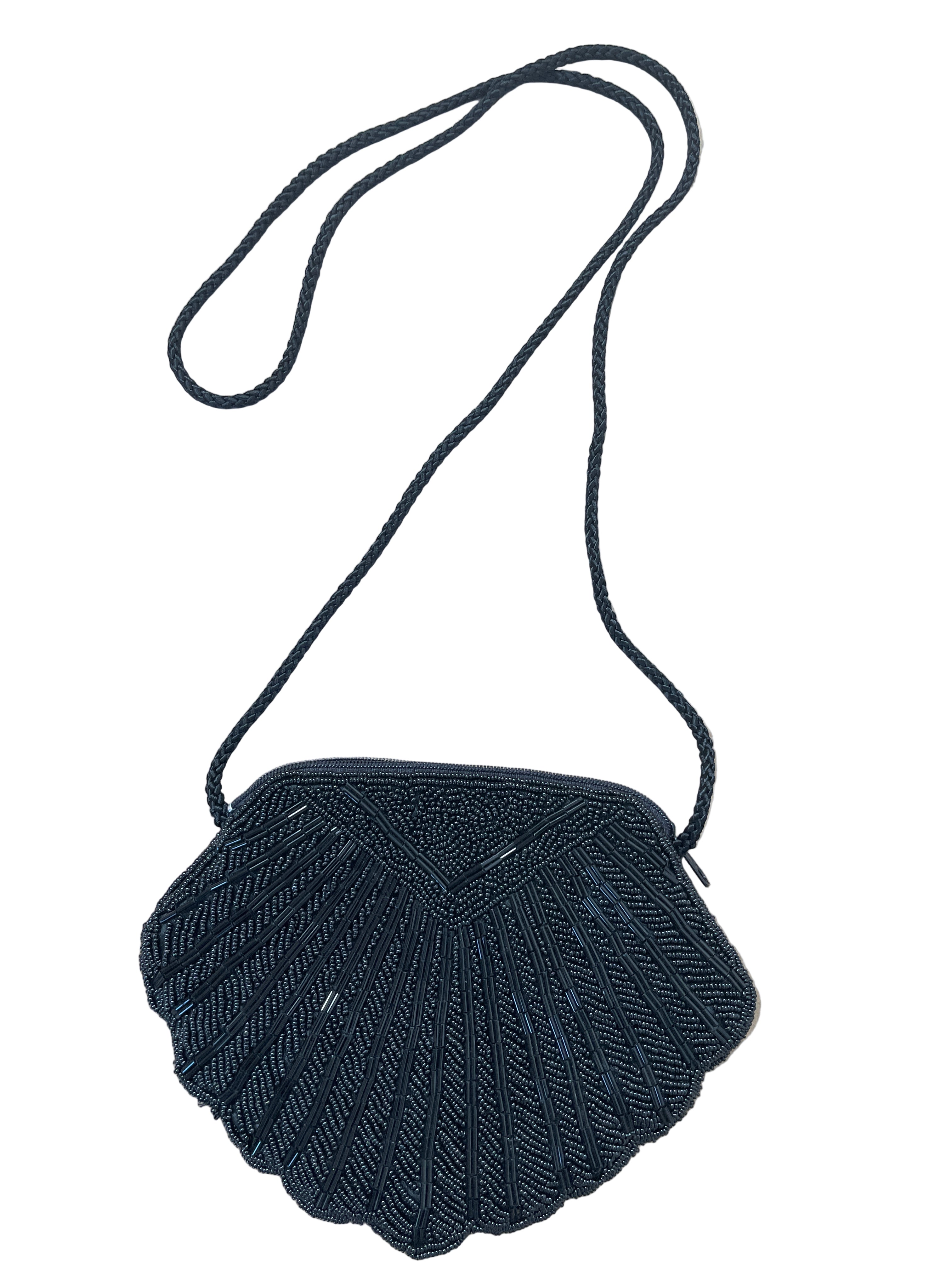 vintage black beaded clam shell crossbody purse
