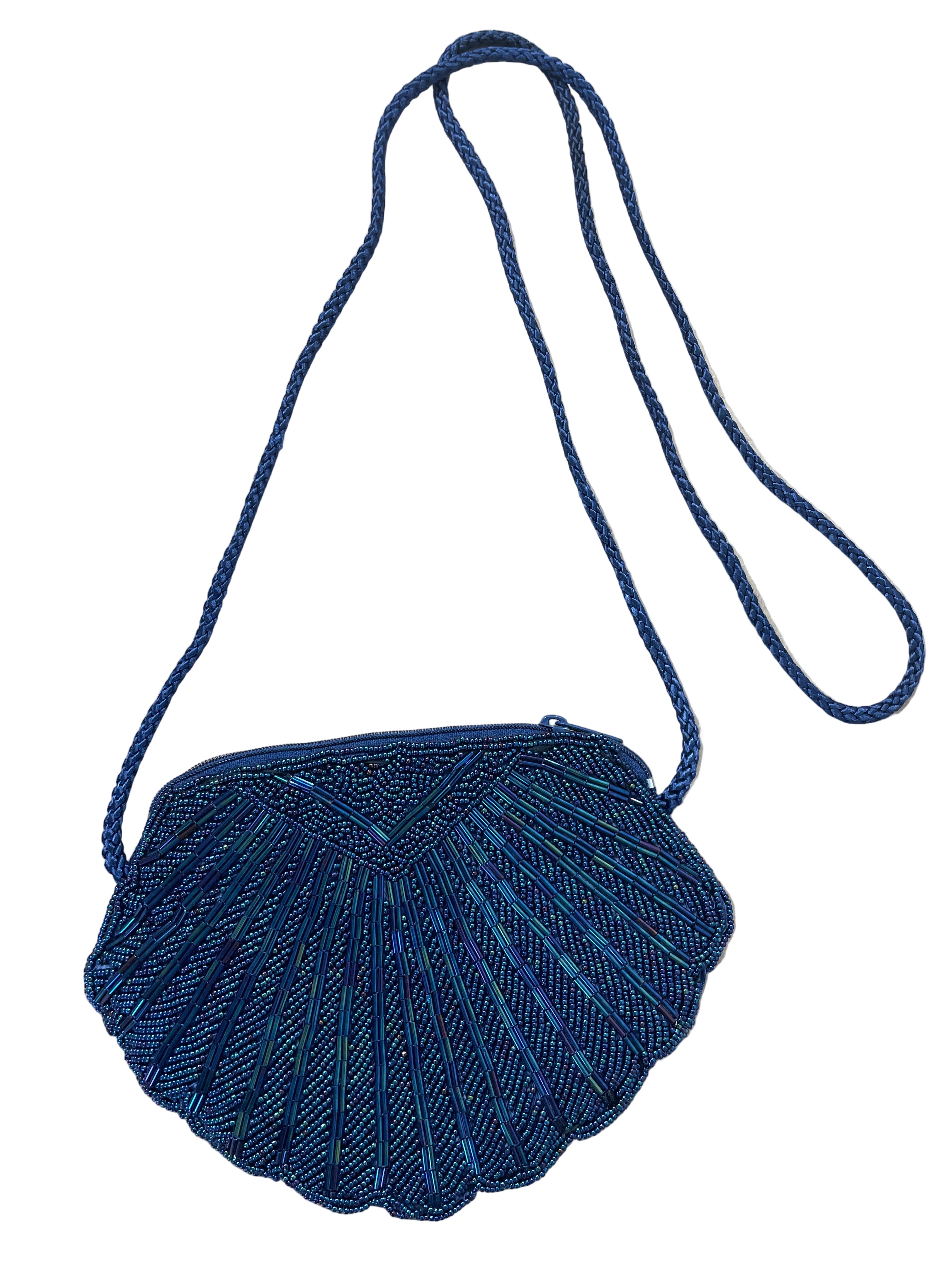 vintage blue beaded clam shell crossbody purse