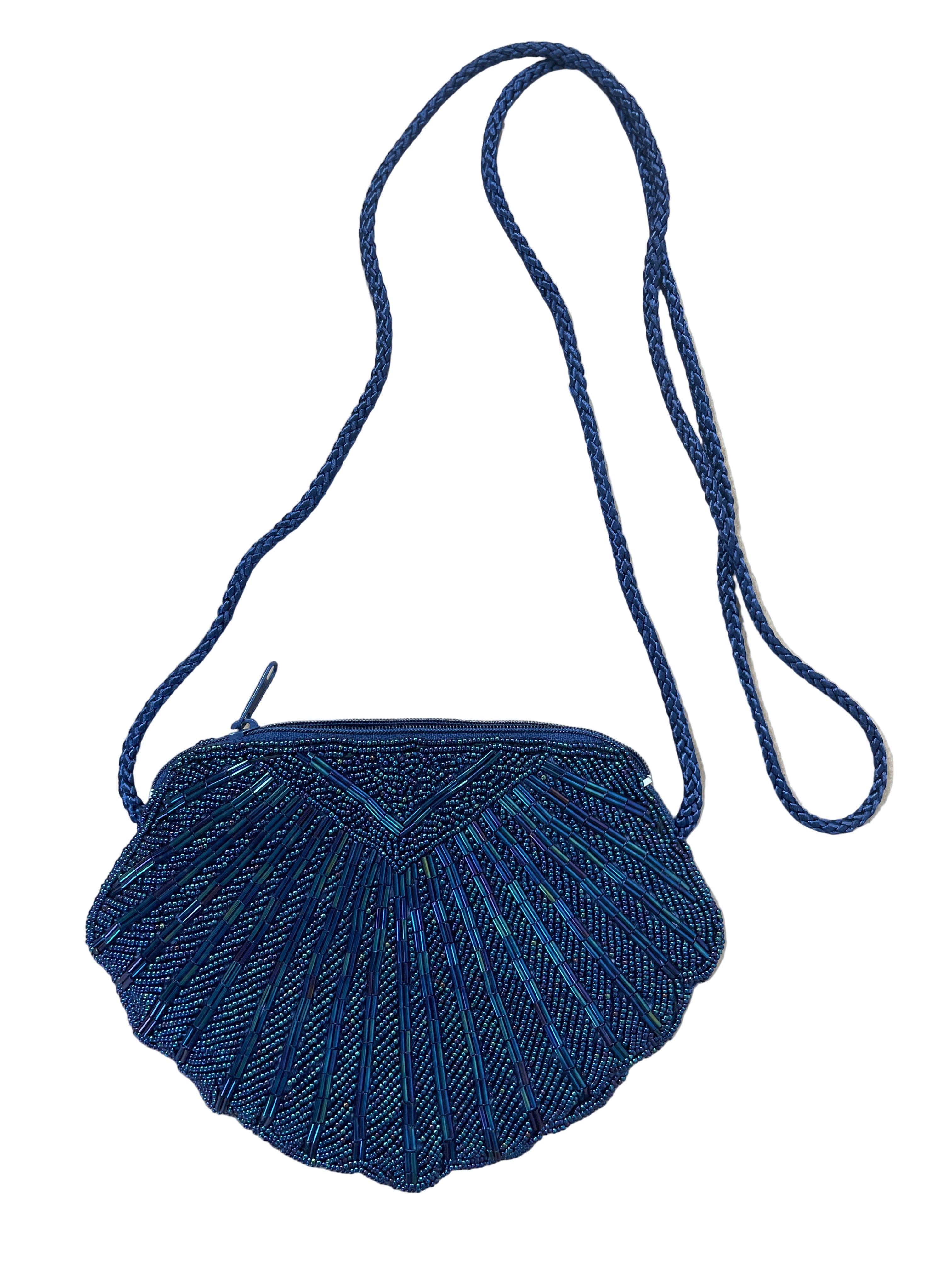 vintage blue beaded clam shell crossbody purse