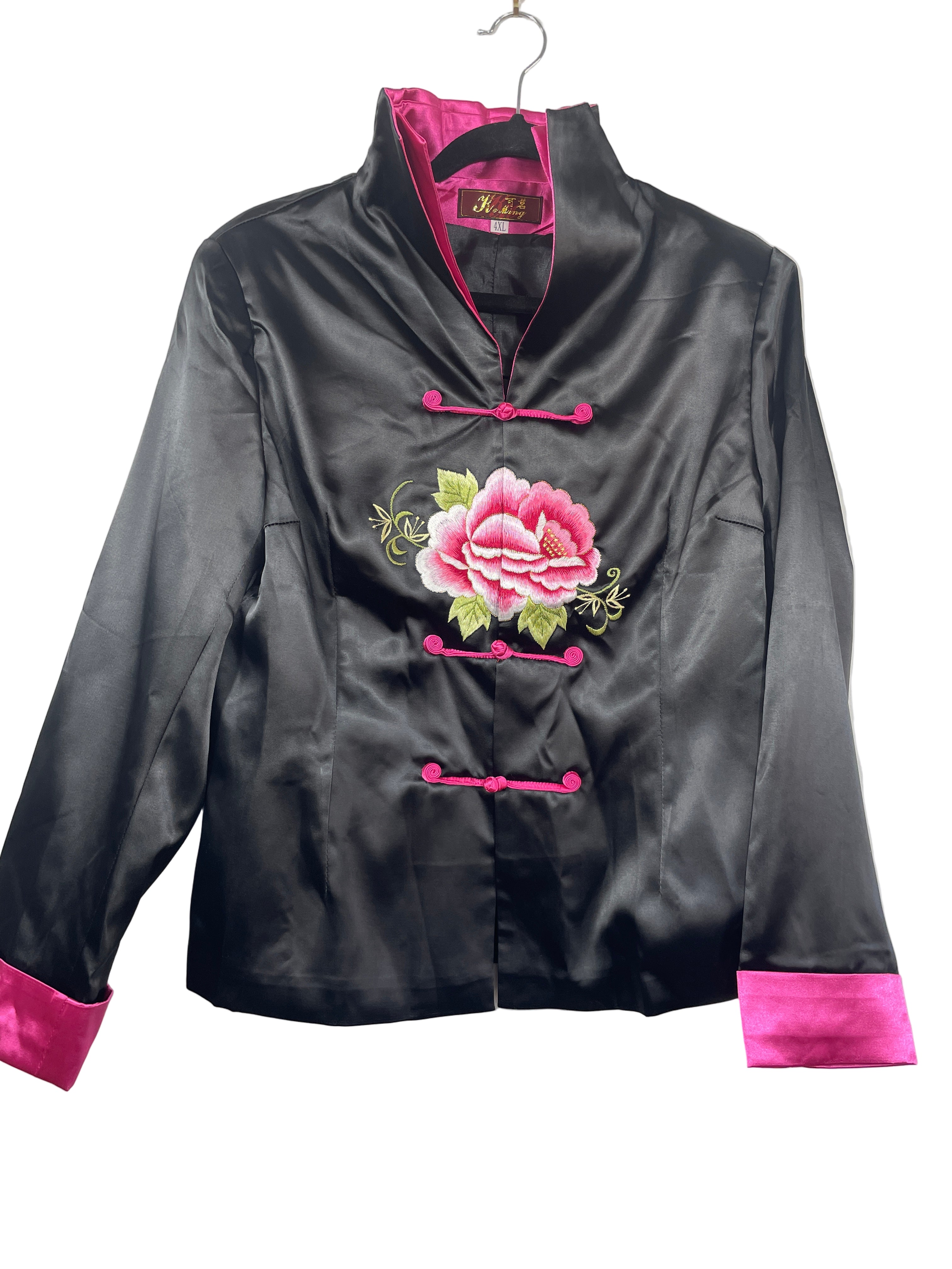 ke ming black traditional jacket with pink accents front view
