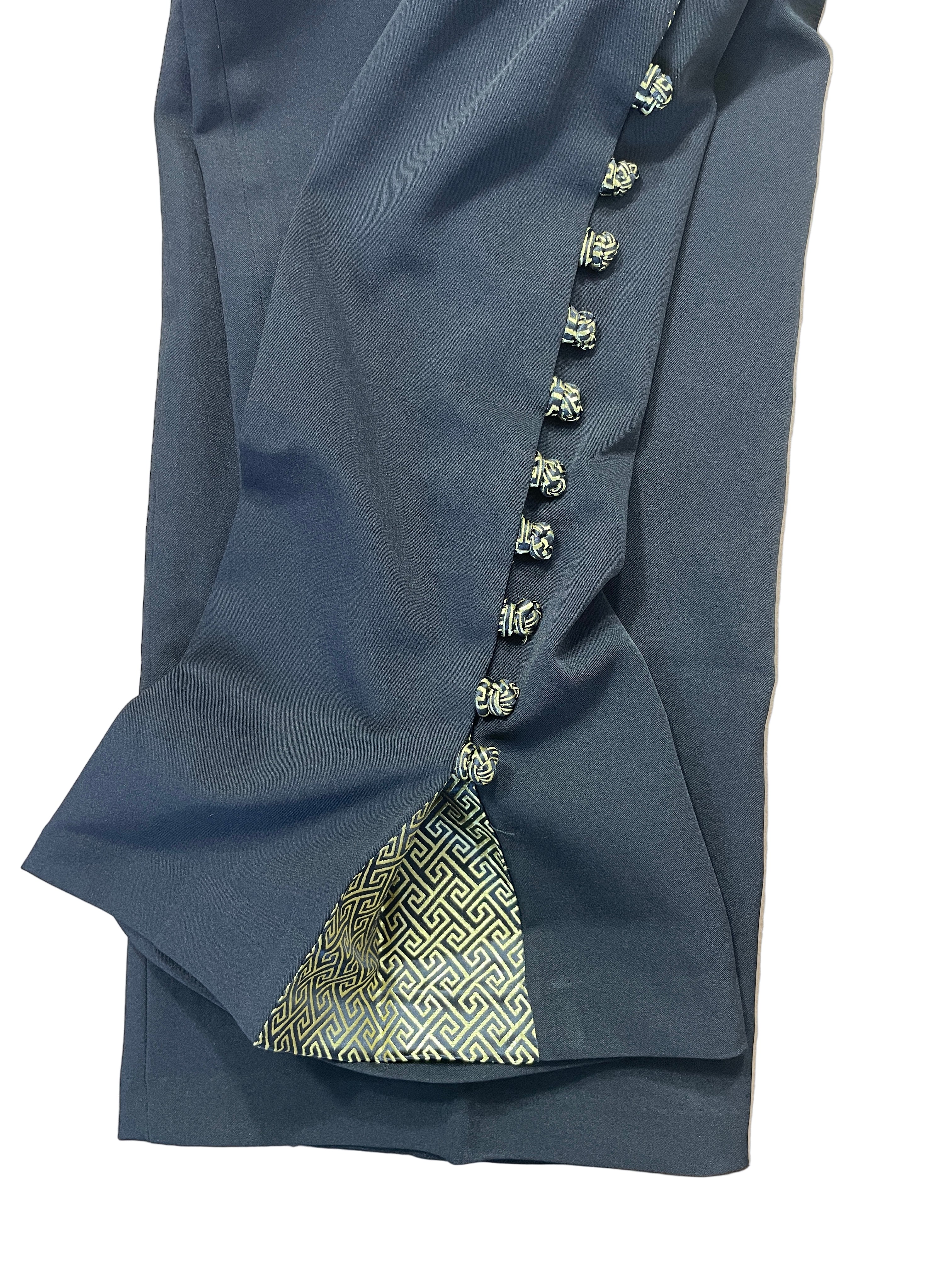 xi yang hua fu black wide leg pants with gold lining detail