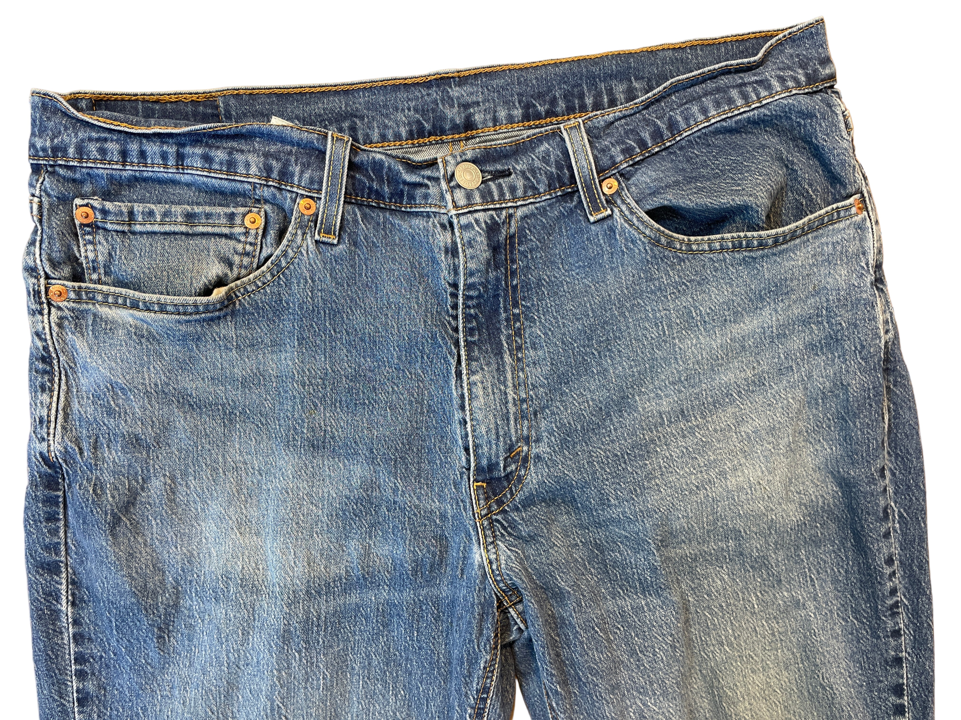 Front view of Levi’s 541 jeans showing zipper fly and five-pocket design