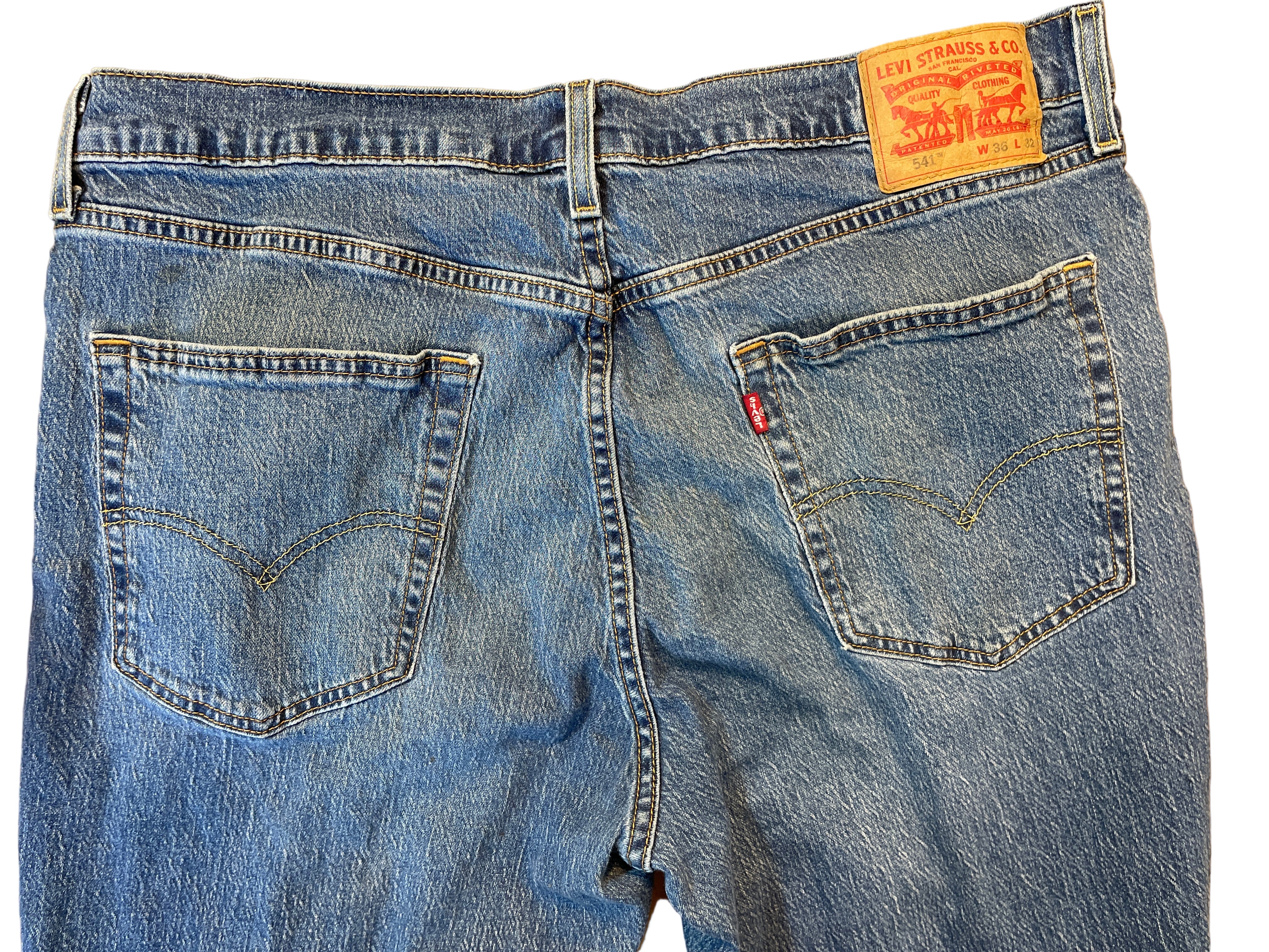 Back view of Levi’s 541 jeans with stitched pockets and leather patch