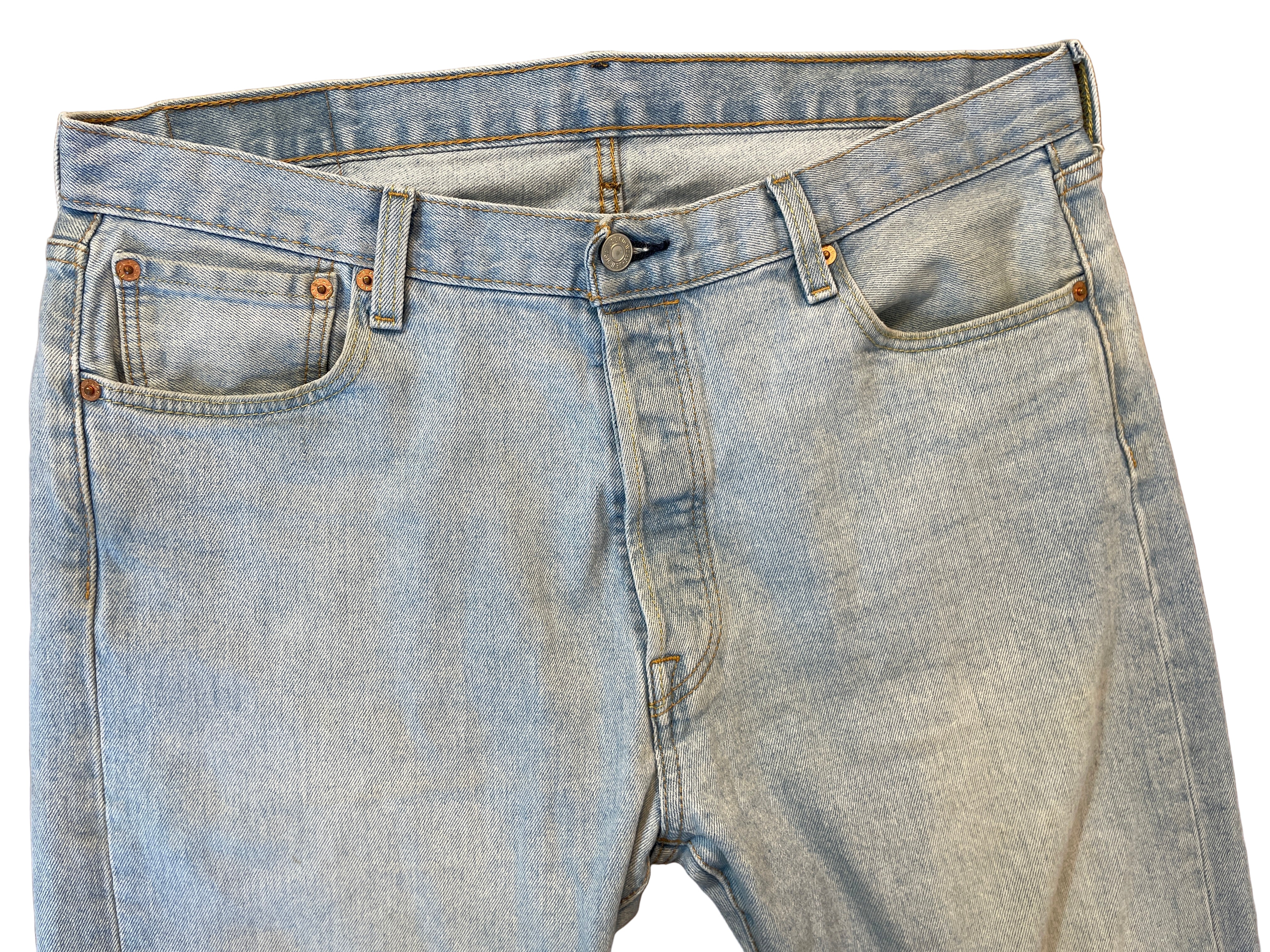 Front view of Levi’s 501 jeans with button fly and five-pocket design