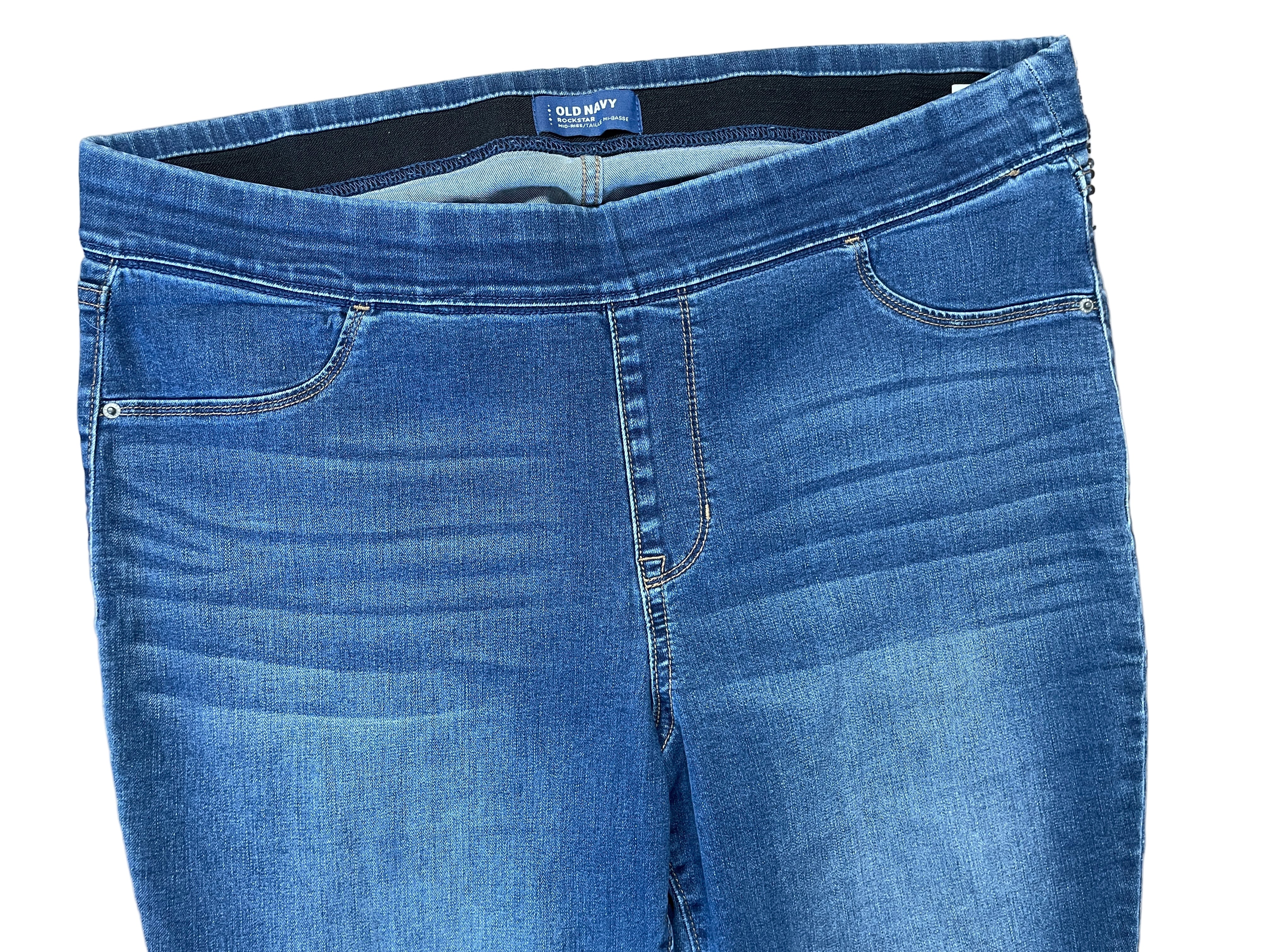 Front view of Old Navy Rockstar jeans showing mock zipper and pockets