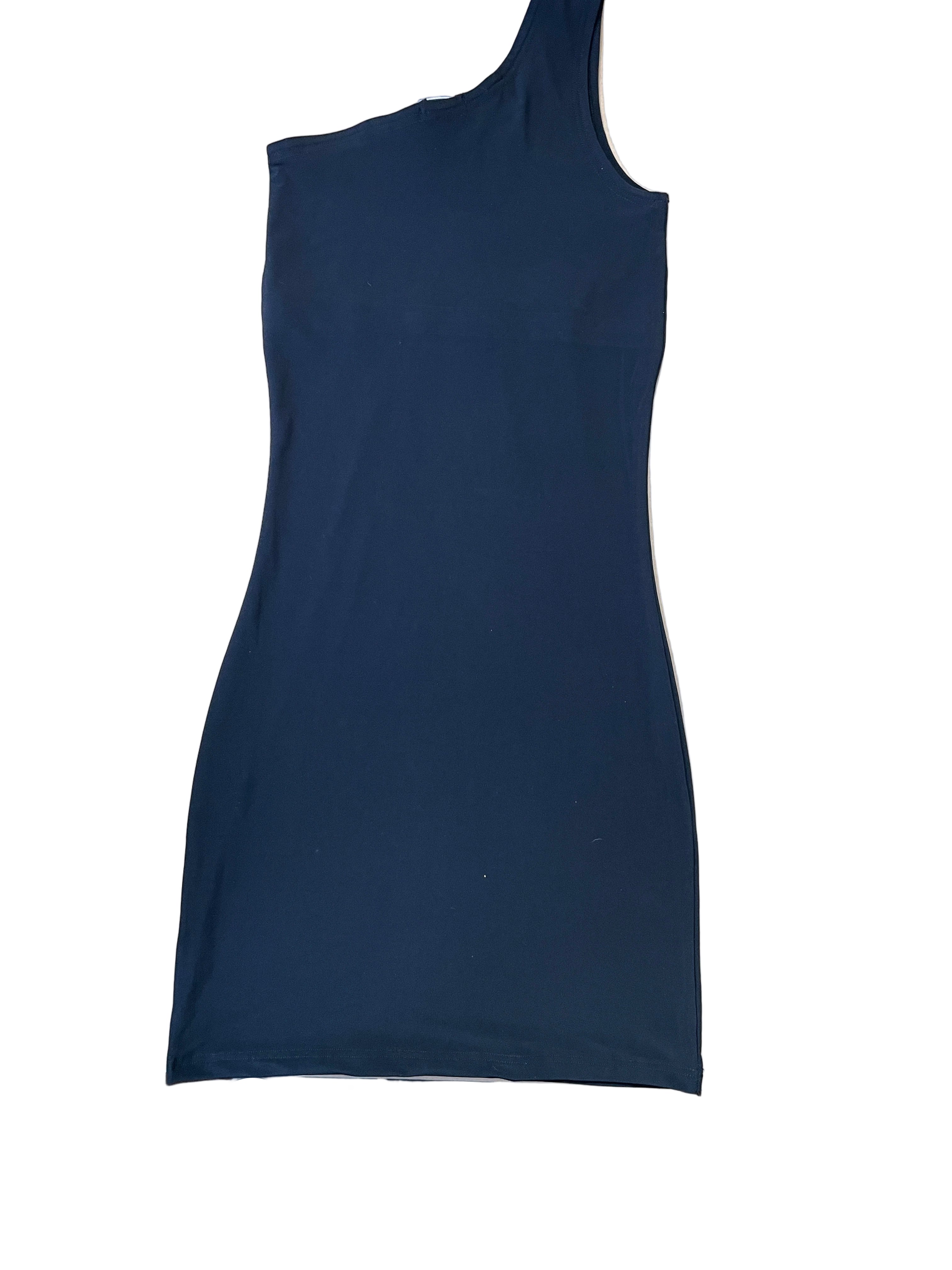 Full-length view of Bishop black fitted one-shoulder dress laid flat