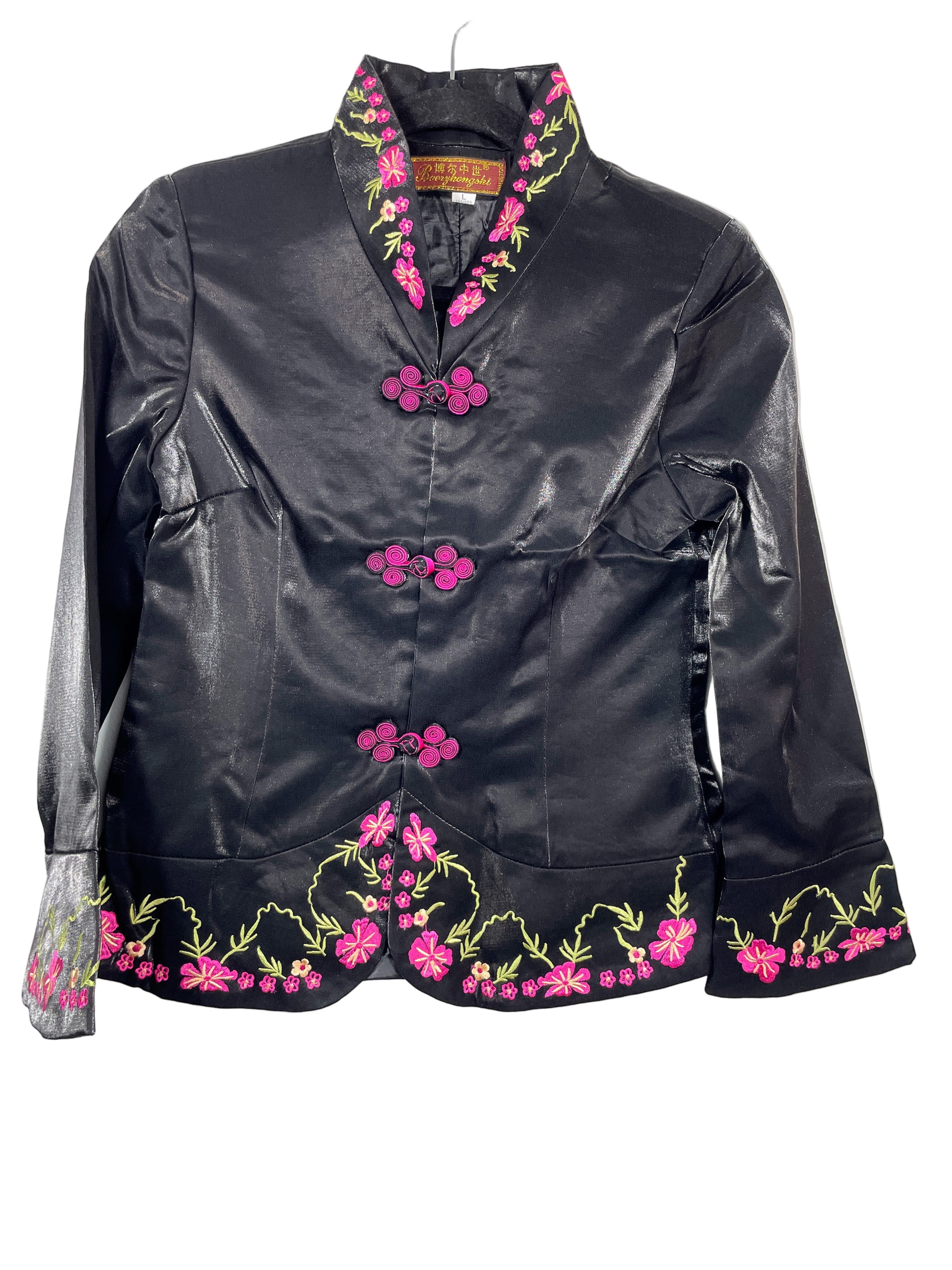 Front view of Boerzhongshi black embroidered Chinese jacket with frog closures and floral details