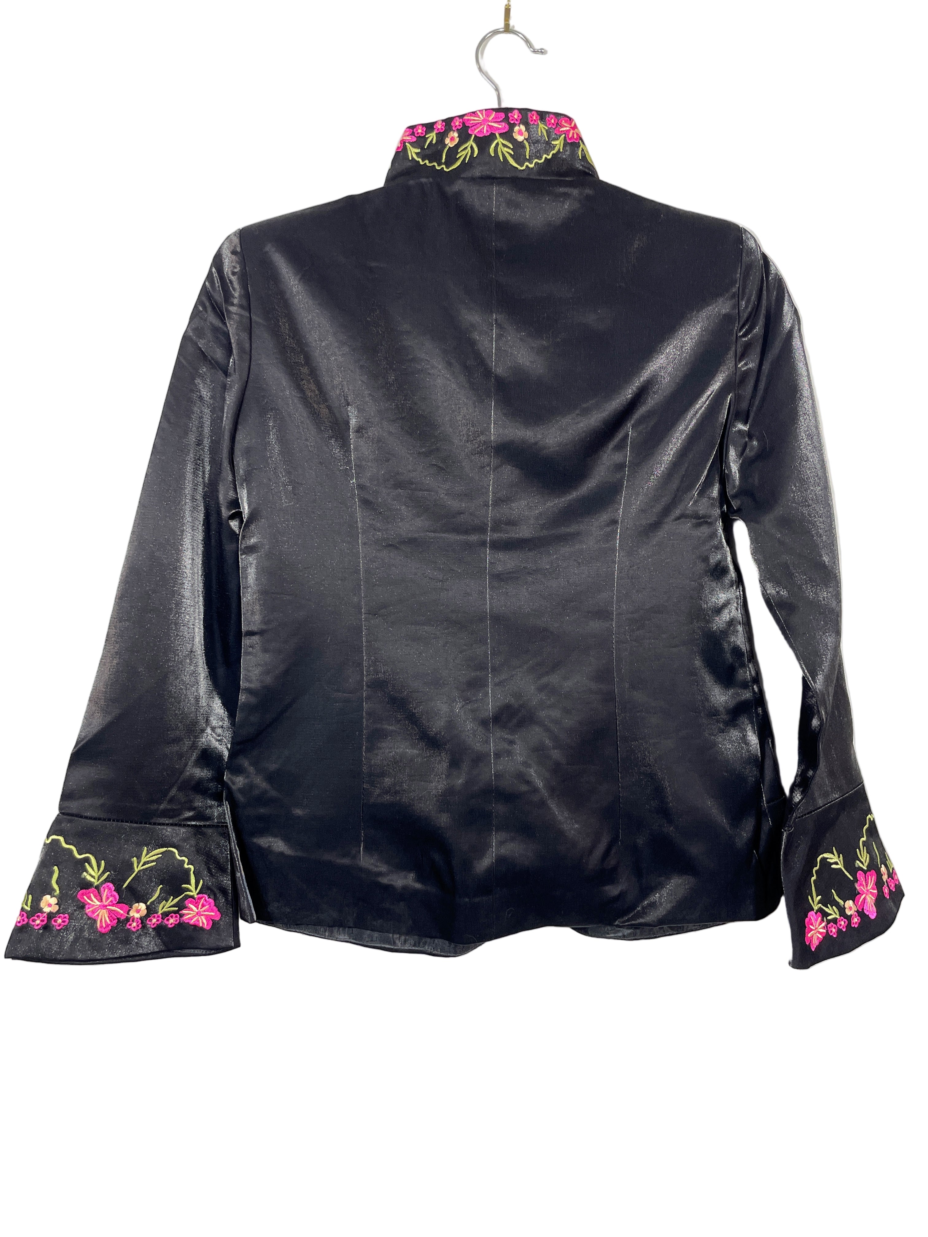 Back view of Boerzhongshi black embroidered Chinese jacket with embroidered cuffs and collar