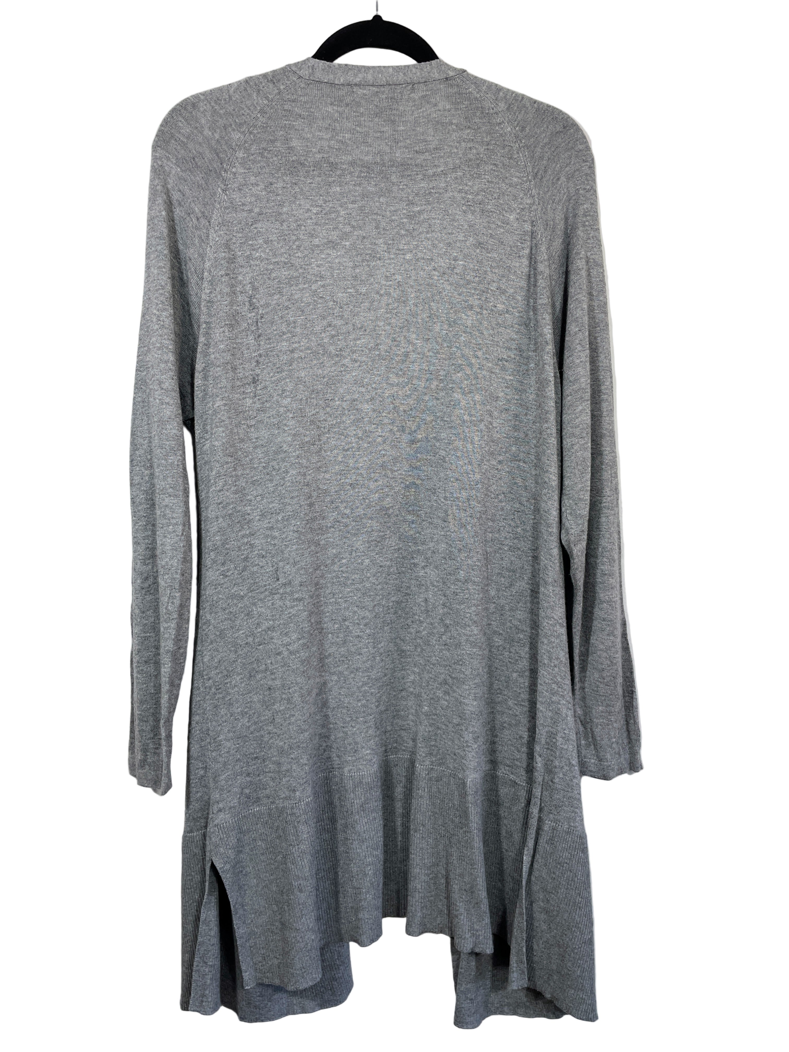 Back view of Jana grey lightweight cardigan with ribbed hem and side slits