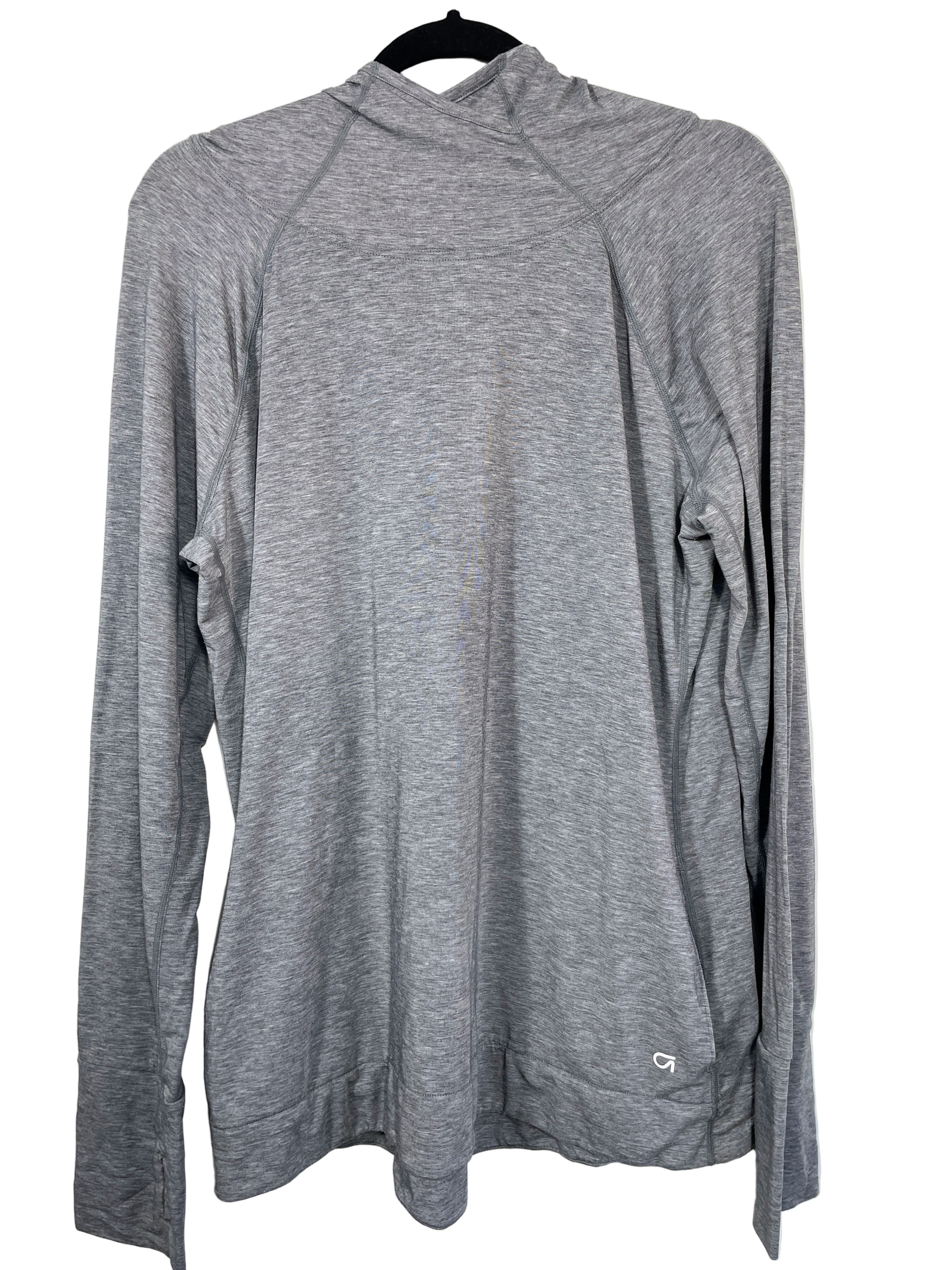 Front view of GAP GapFit Breathe grey lightweight hoodie with thumb holes size XL