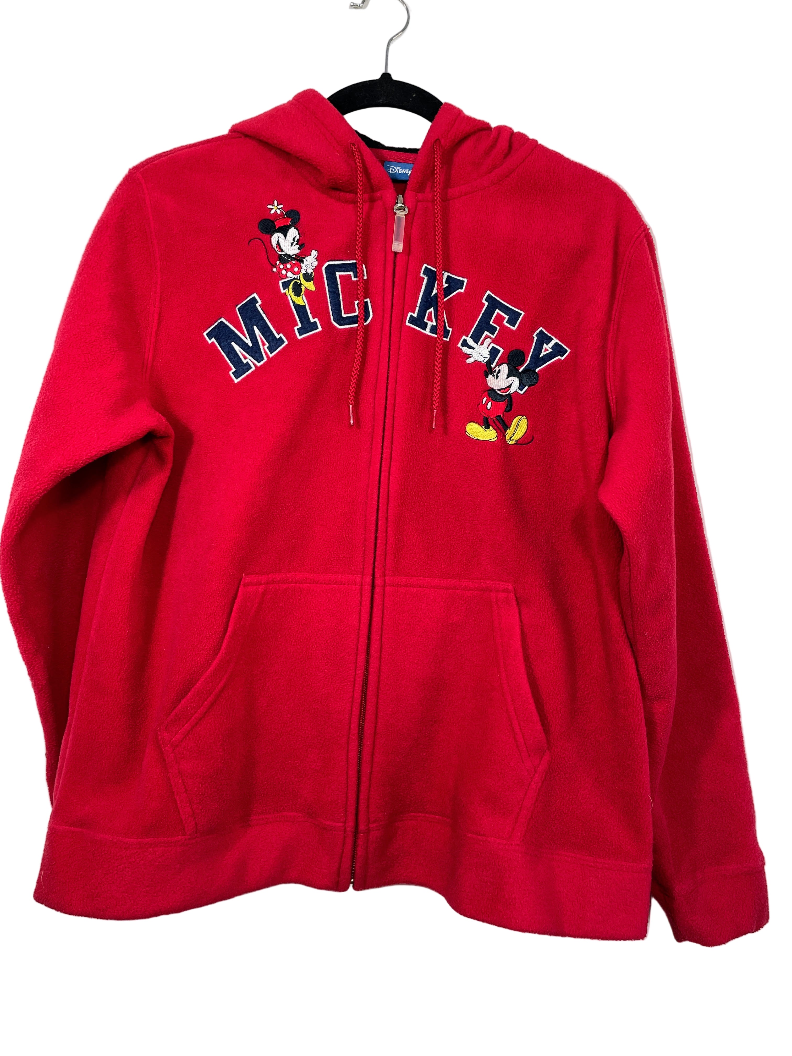 Front view of red Disney zip-up hoodie with Minnie and Mickey embroidery