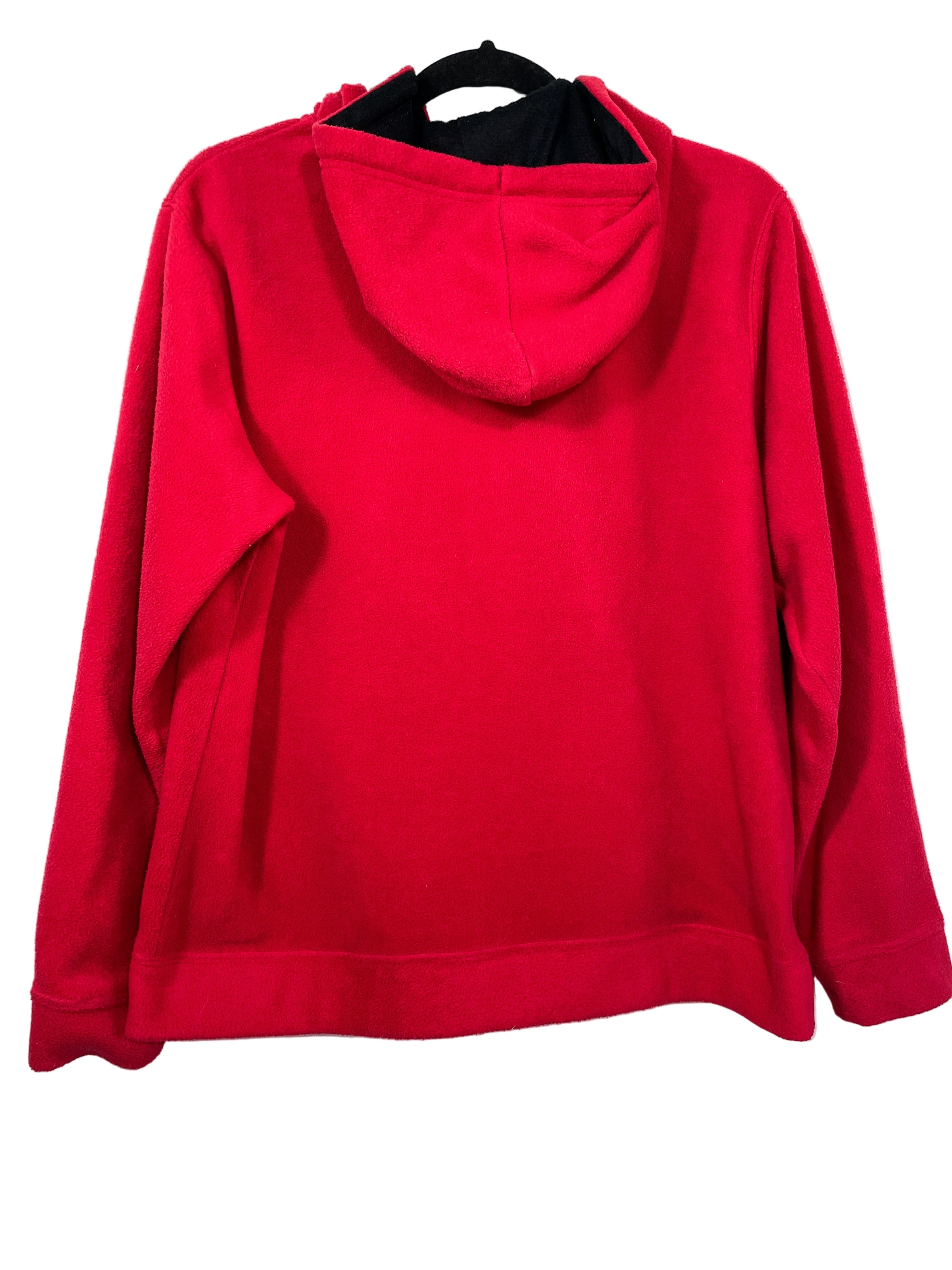 Back view of red Disney zip-up hoodie with hood