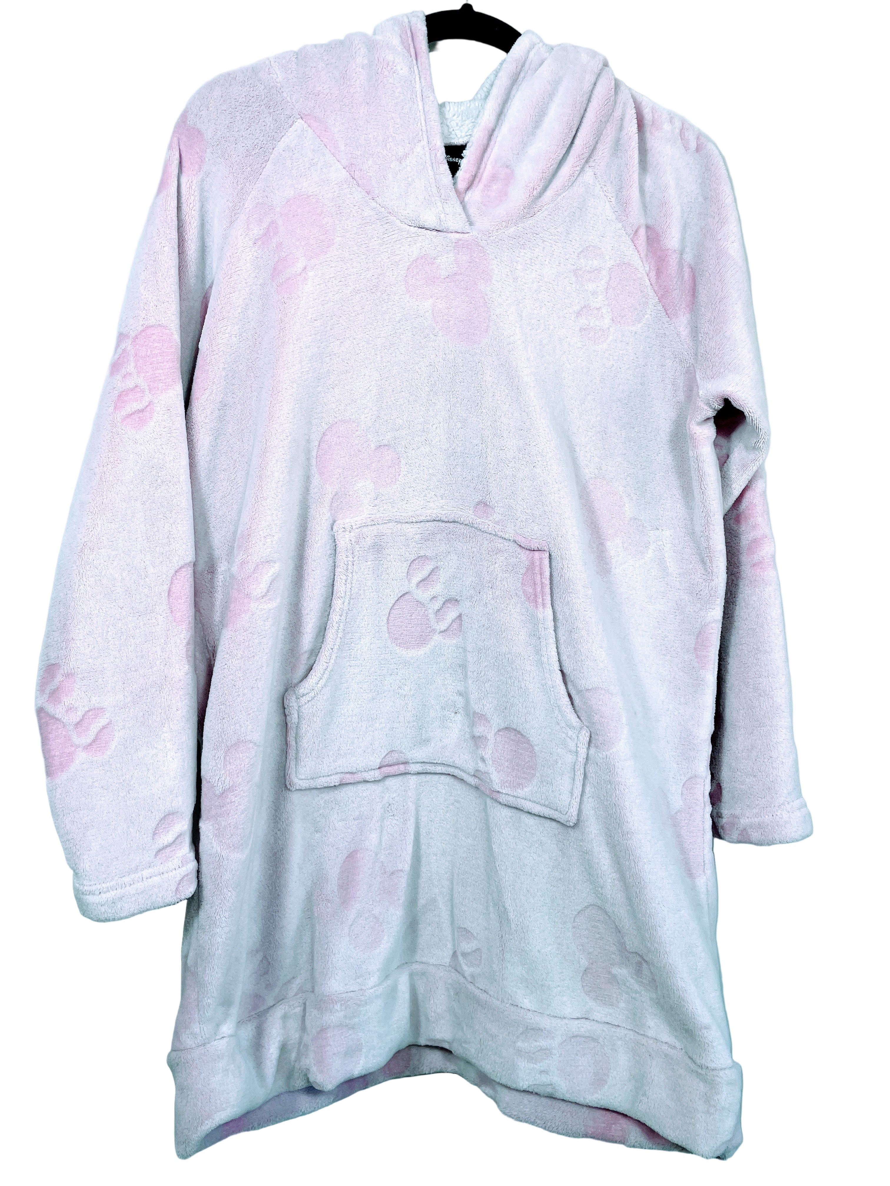 Front view of Disney pink Mickey embossed pullover hoodie with kangaroo pocket size large