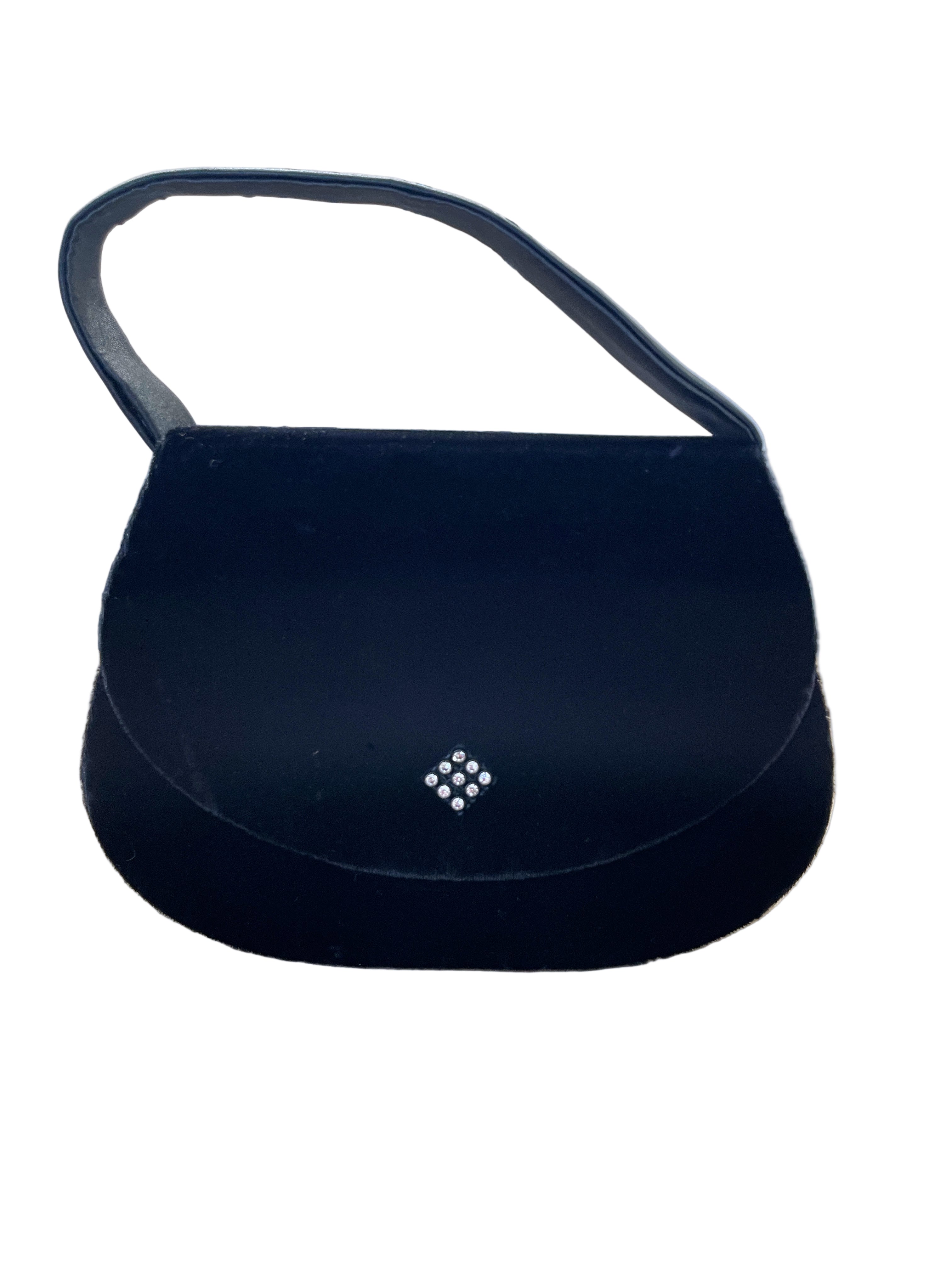 Front view of black velvet evening bag with rhinestone detail