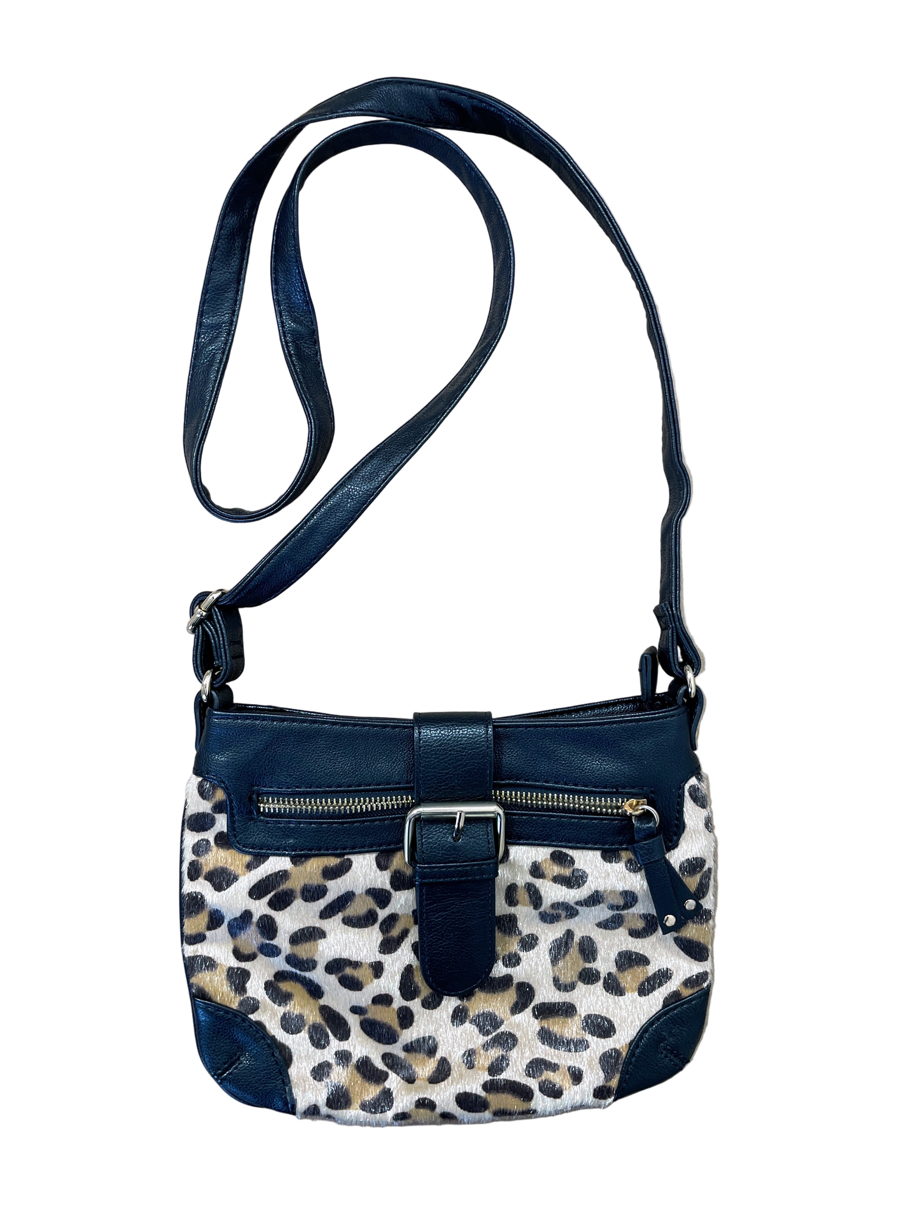 Front view of Aldo crossbody purse with faux hair leopard panel and belt detail flap