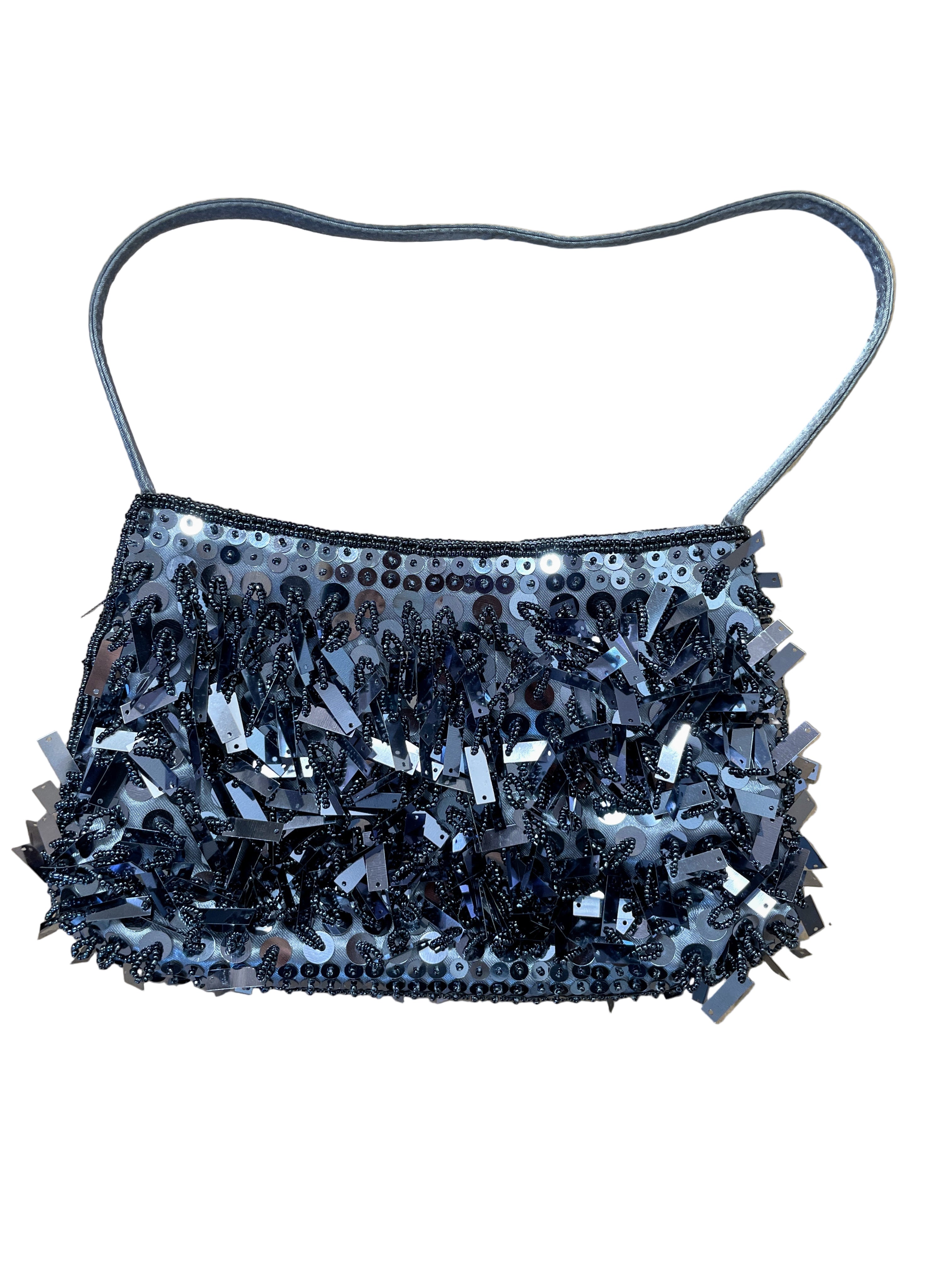 Slate blue sequined and beaded evening bag with strap