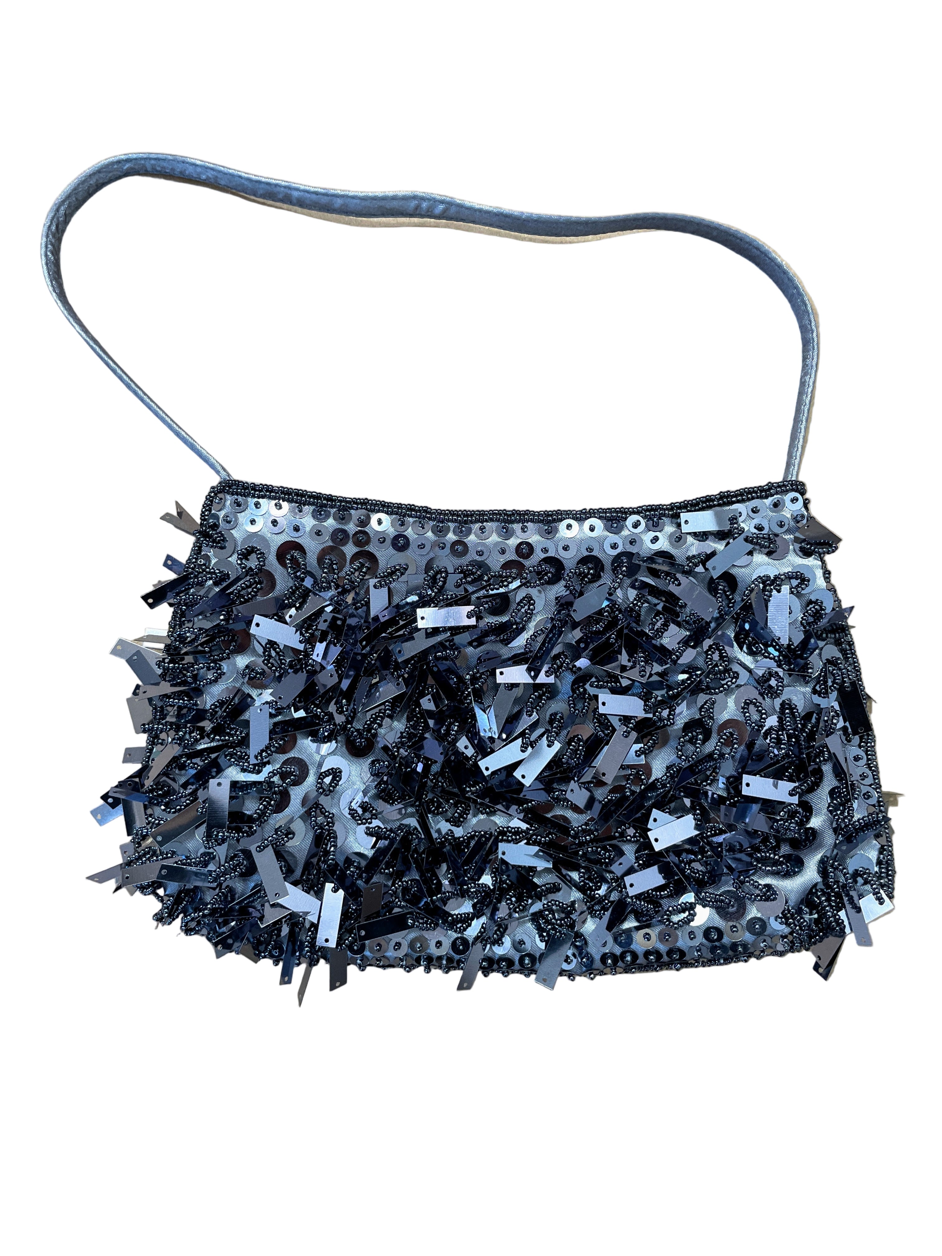 Slate blue / grey sequined and beaded evening bag with strap
