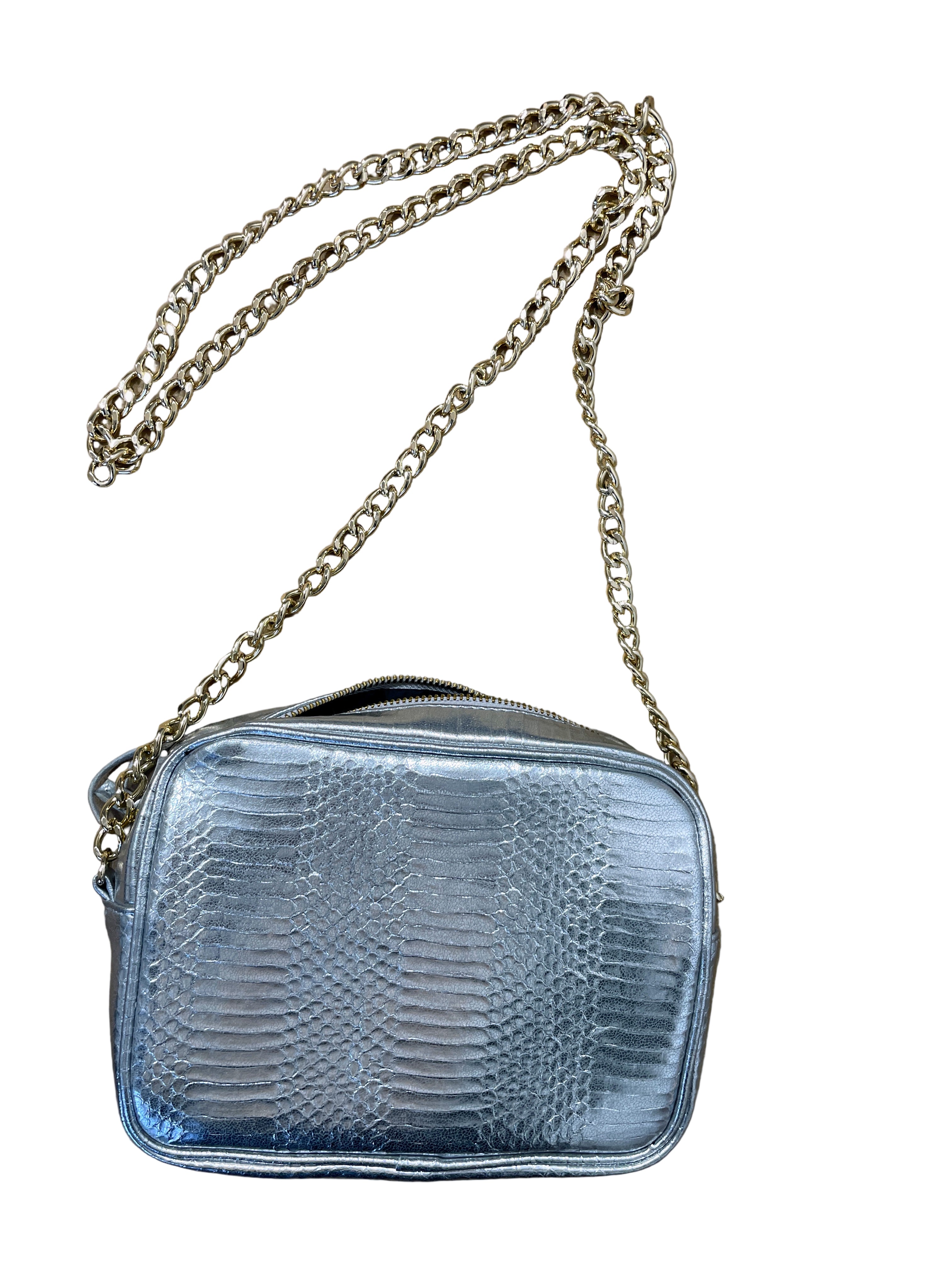 Back view of Victoria’s Secret silver faux-snakeskin crossbody bag
