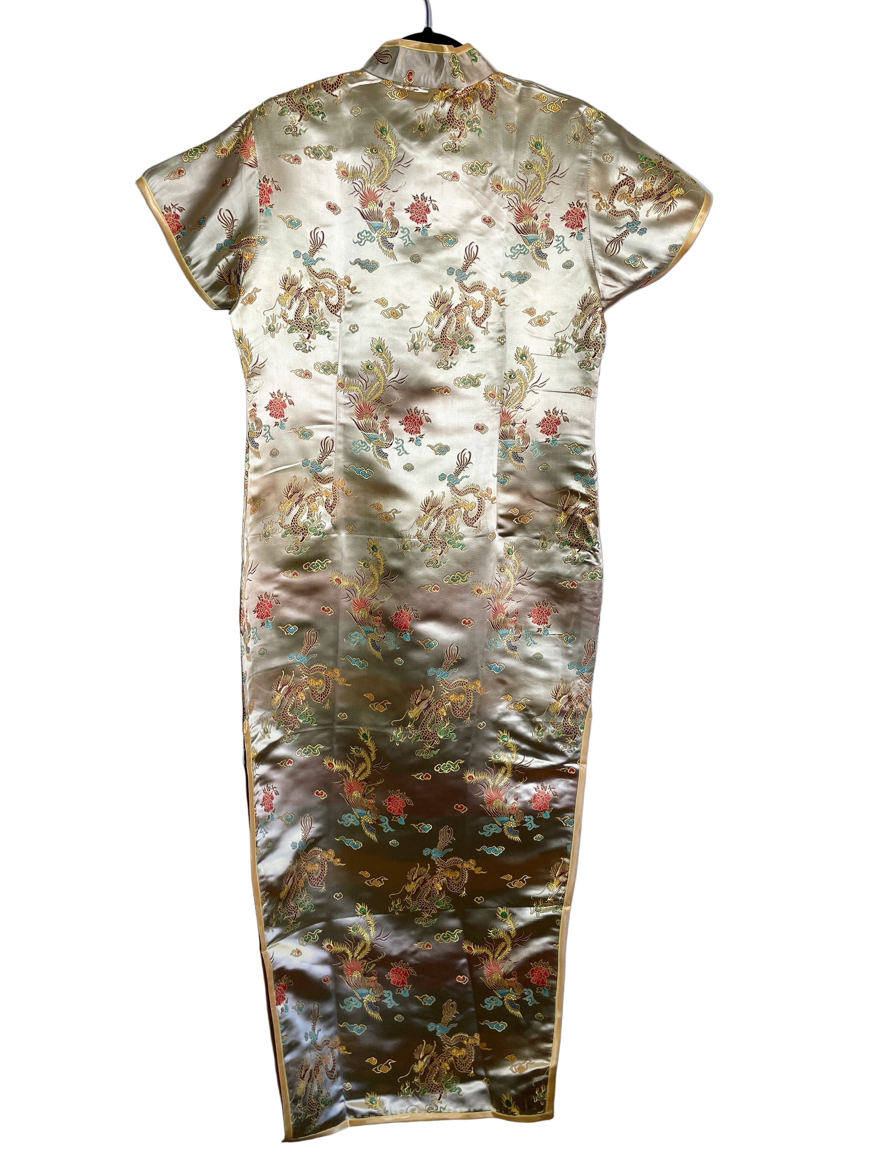 Back view of Jin Hon beige embroidered cheongsam dress with long side slits