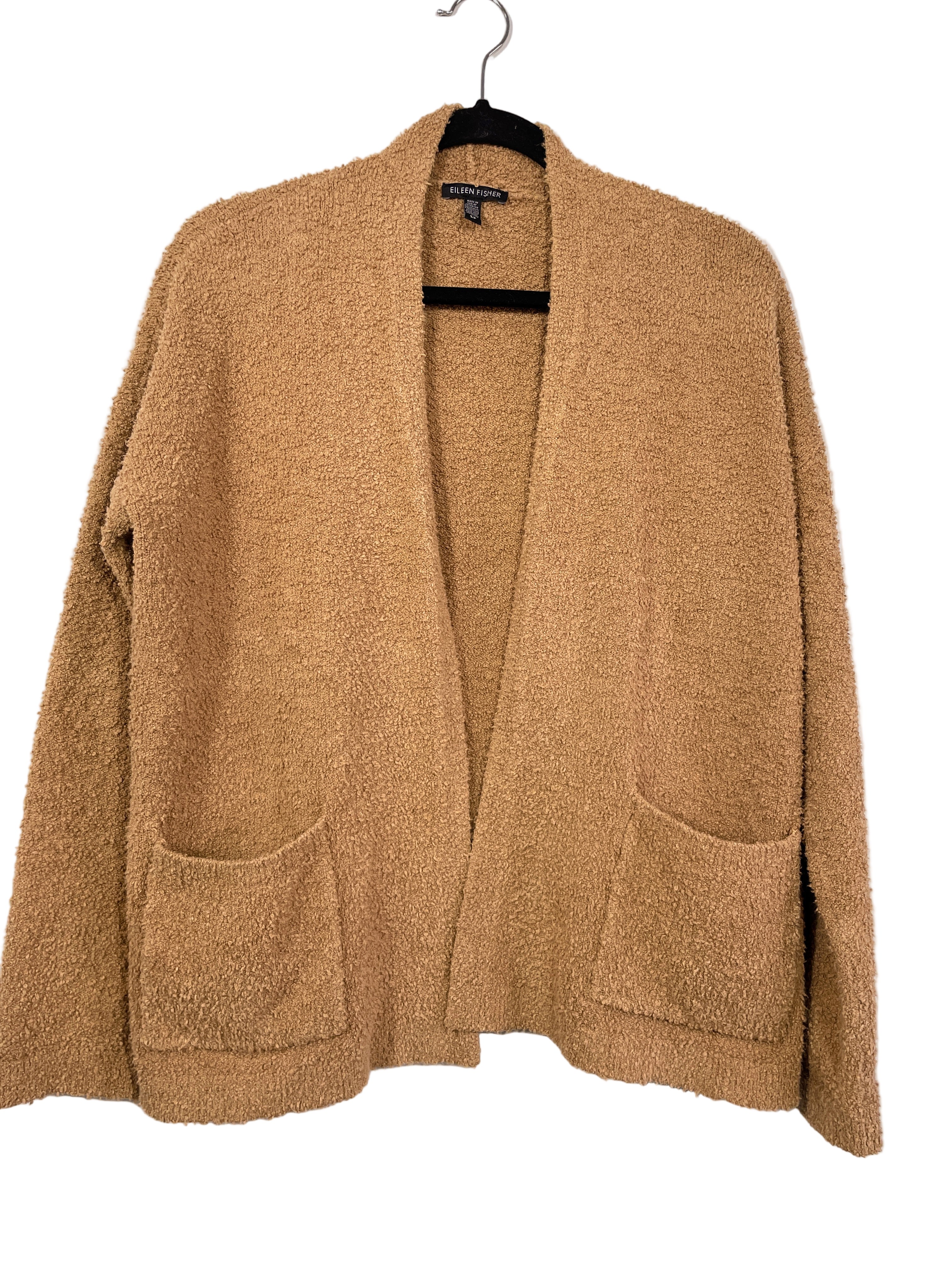 Front view of Eileen Fisher brown organic cotton blend cardigan with patch pockets, size small