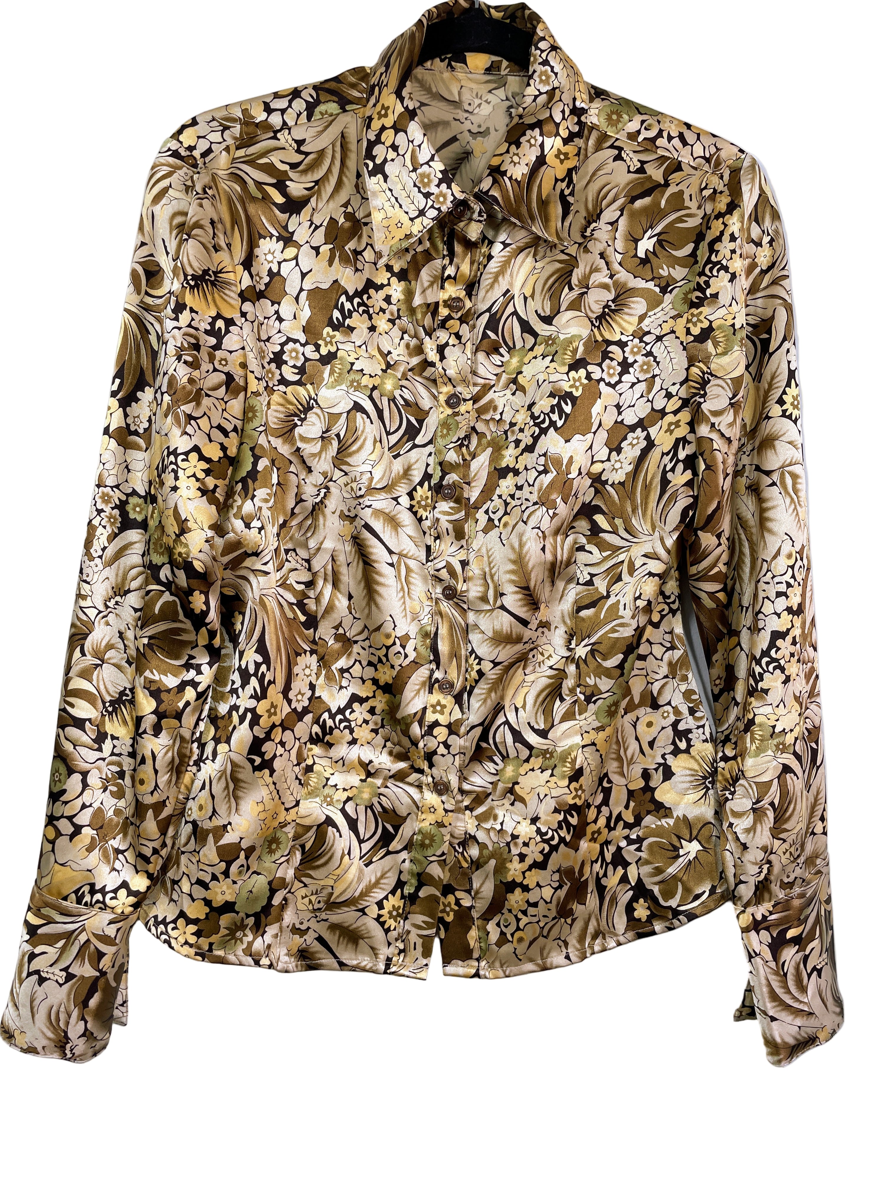 Front view of Suzy Shier floral satin blouse in gold, cream, and olive size small