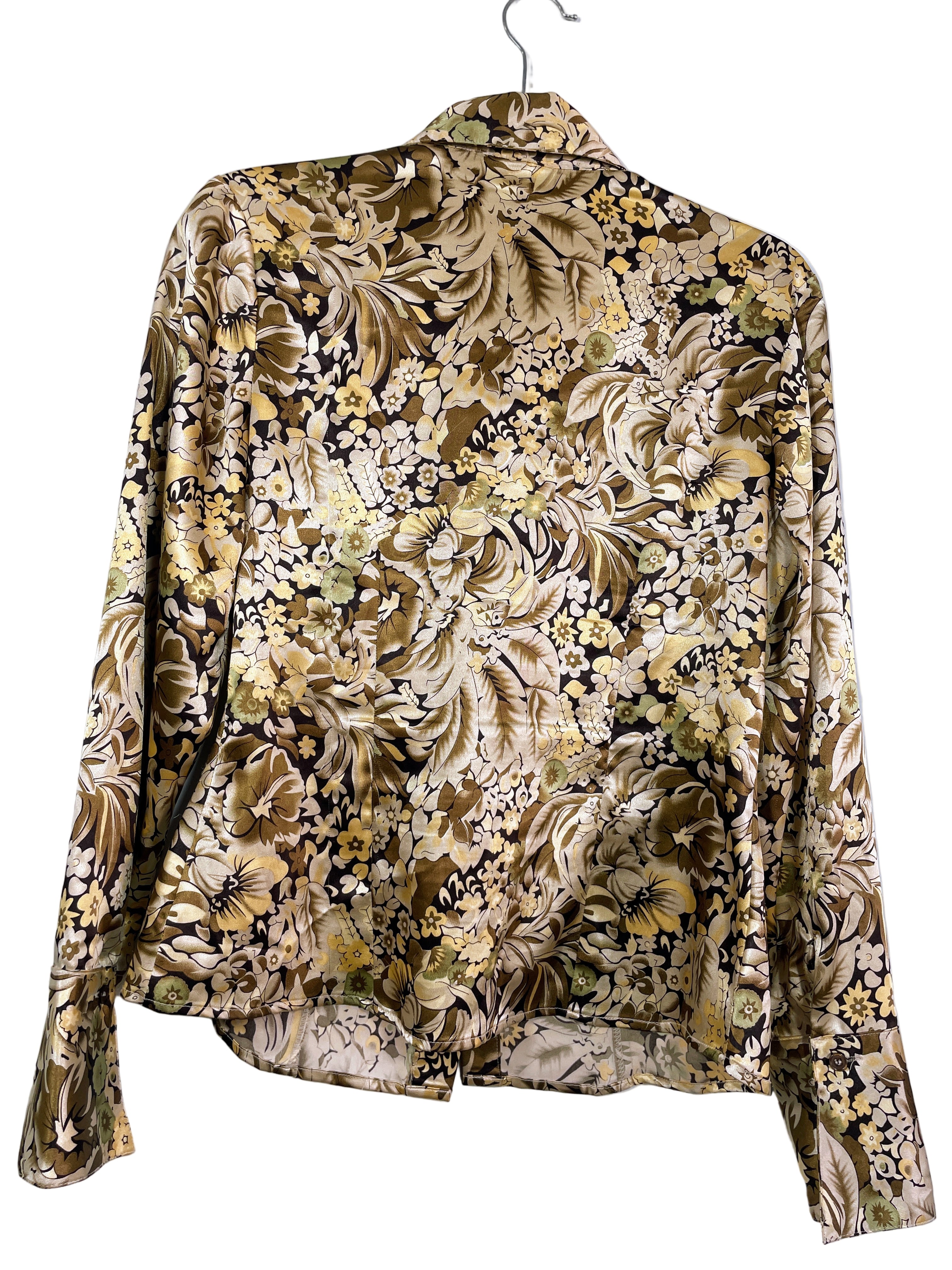 back view of Suzy Shier floral satin blouse in gold, cream, and olive size small