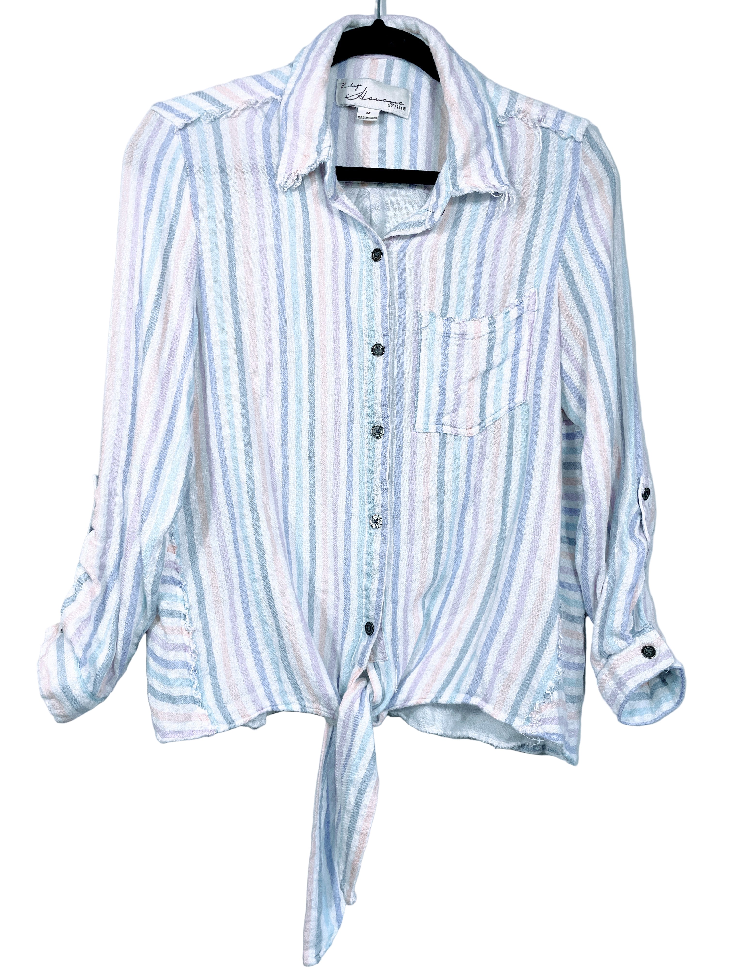 Front view of Vintage Havana striped button front tie shirt size medium