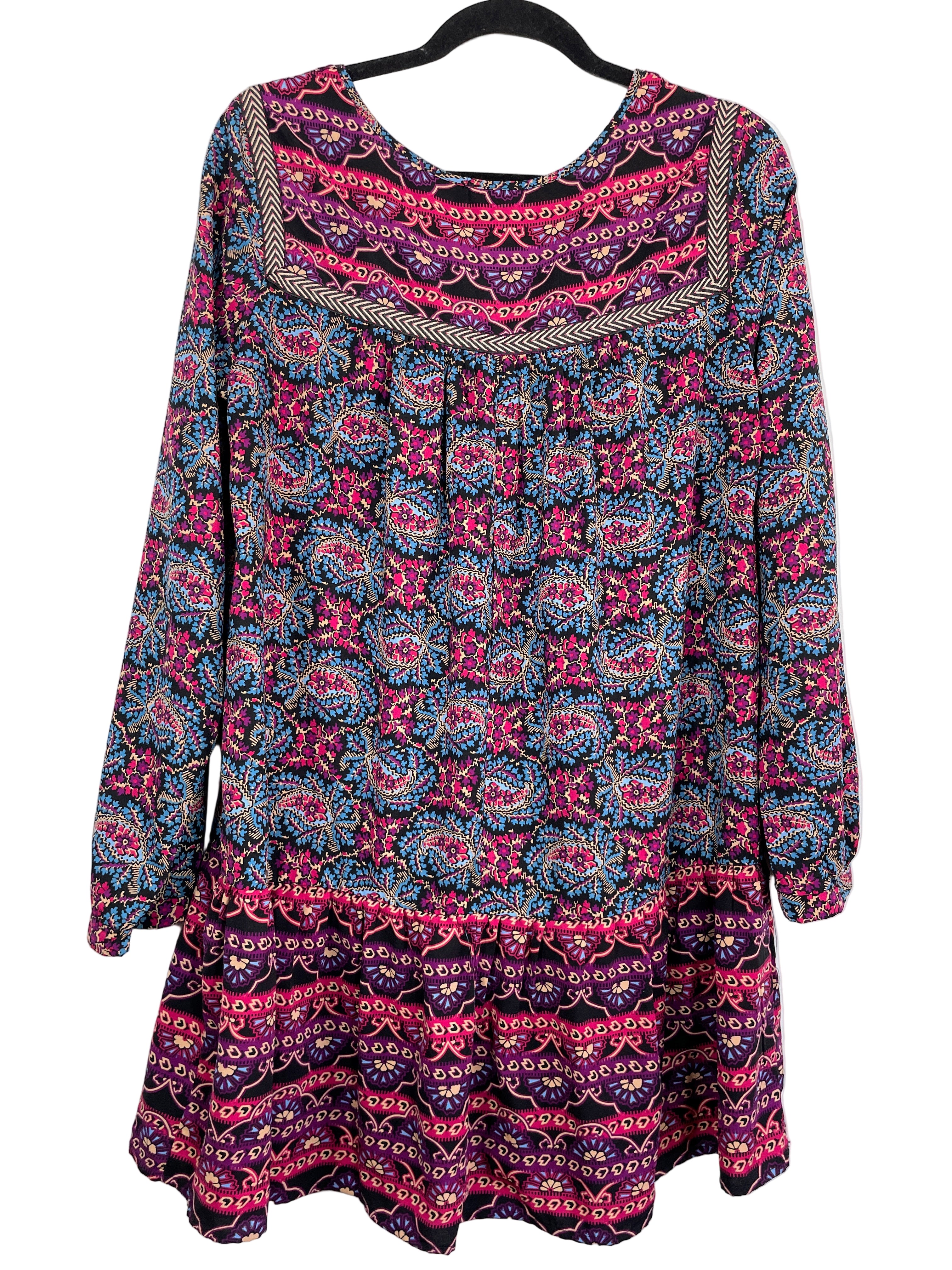 Back view of One Clothing boho print tunic dress with tiered hem