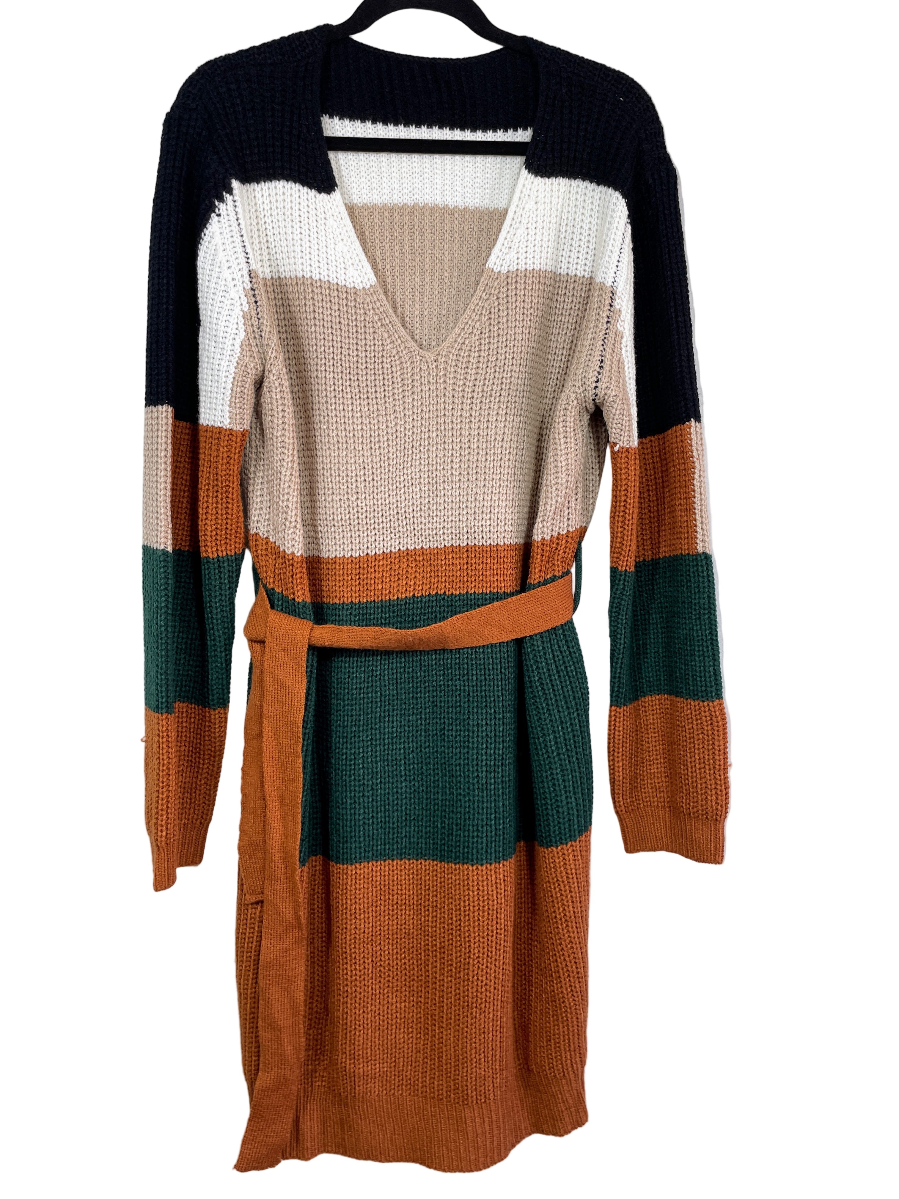 Front view of CUPSHE striped sweater dress with belt