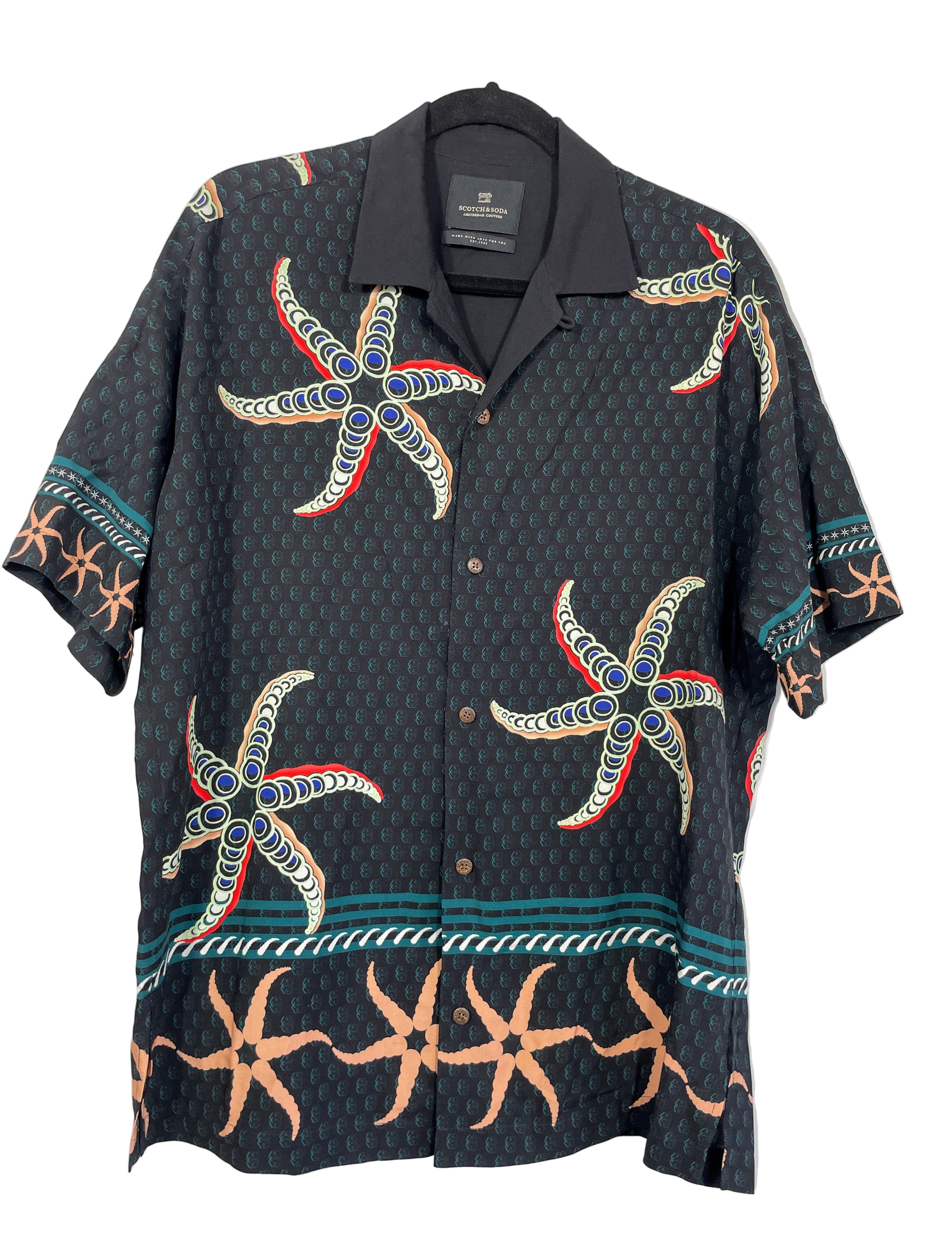 Front view of Scotch & Soda men’s starfish print short sleeve shirt