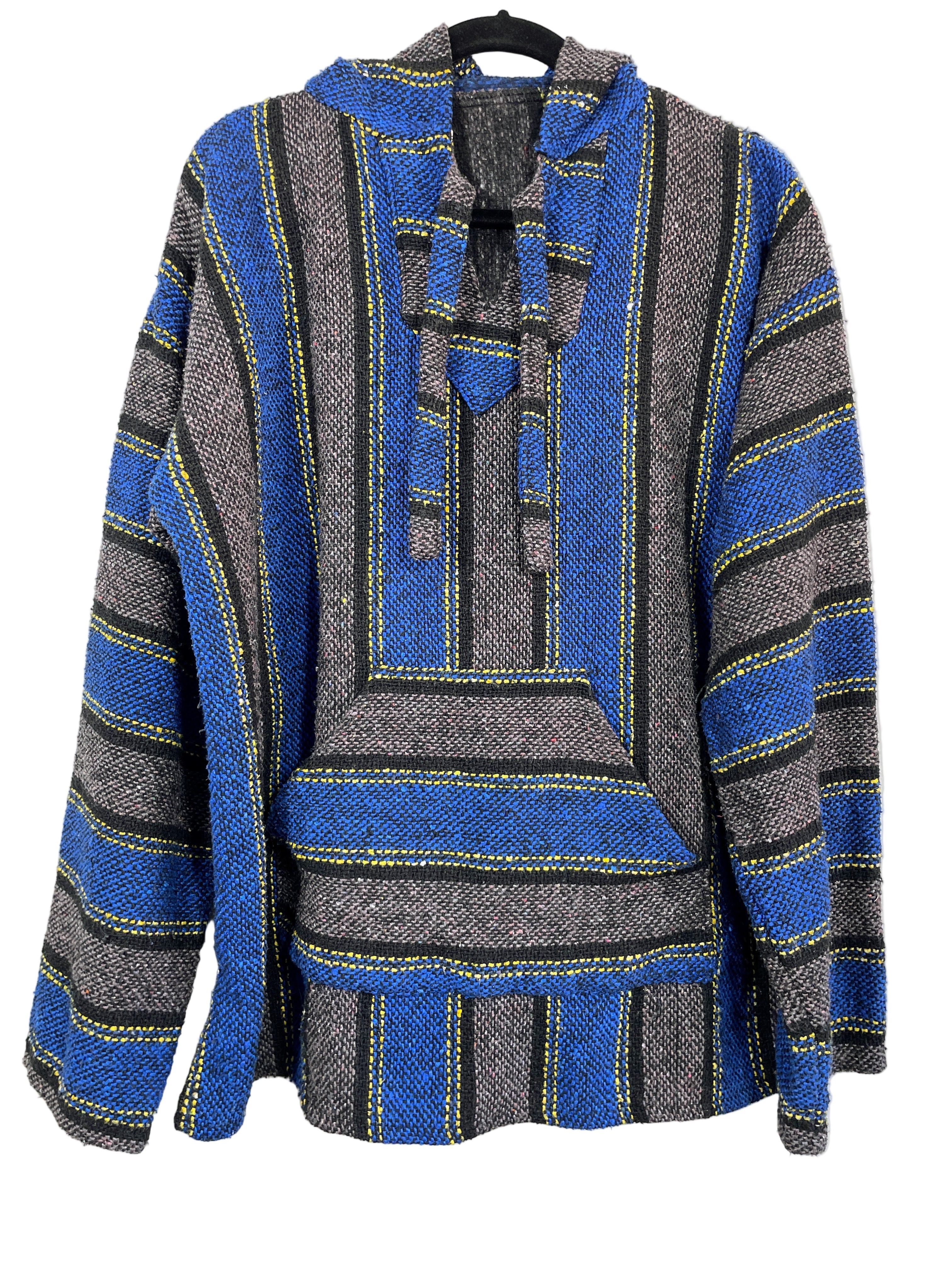 Front view of Baja Mexican pullover hoodie with blue and grey striped woven pattern
