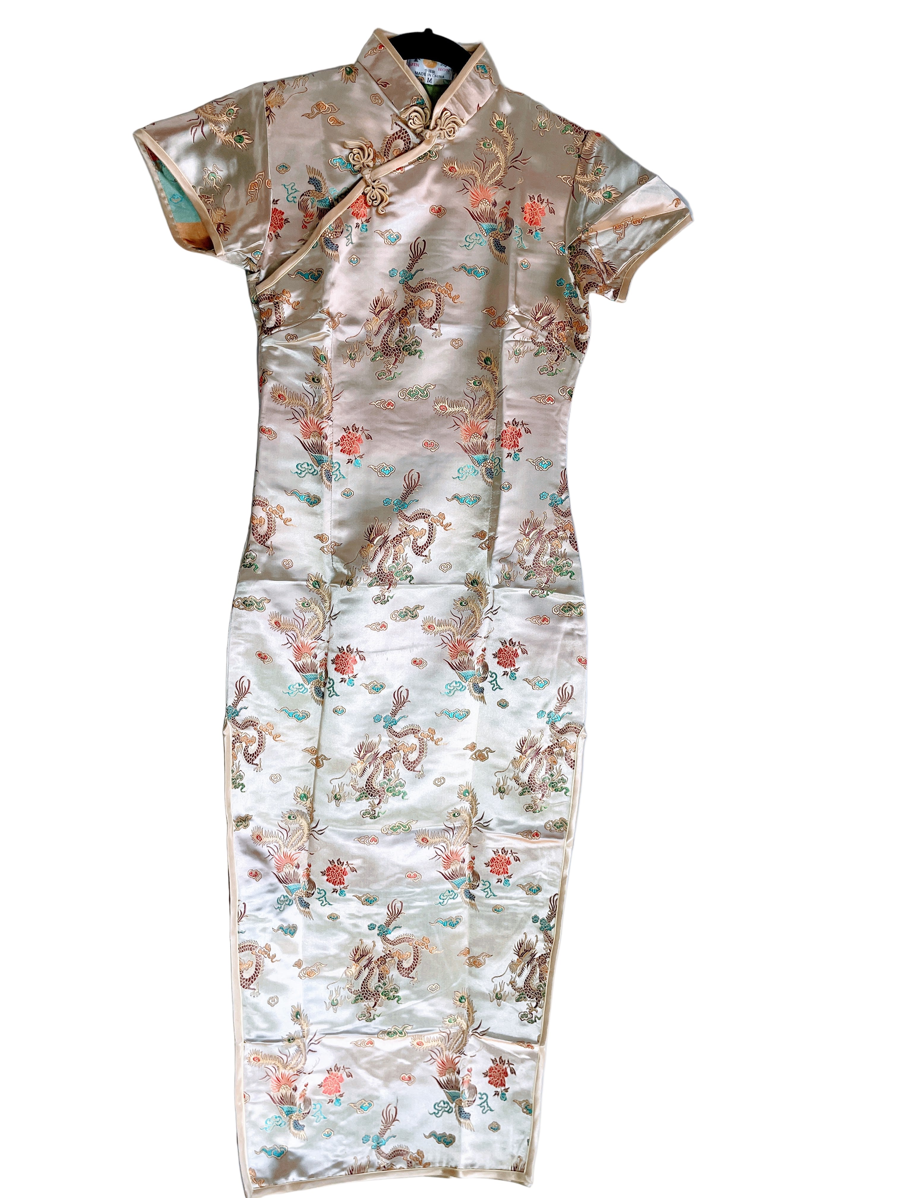 Front view of Jin Hon beige embroidered traditional Chinese dress with dragon design