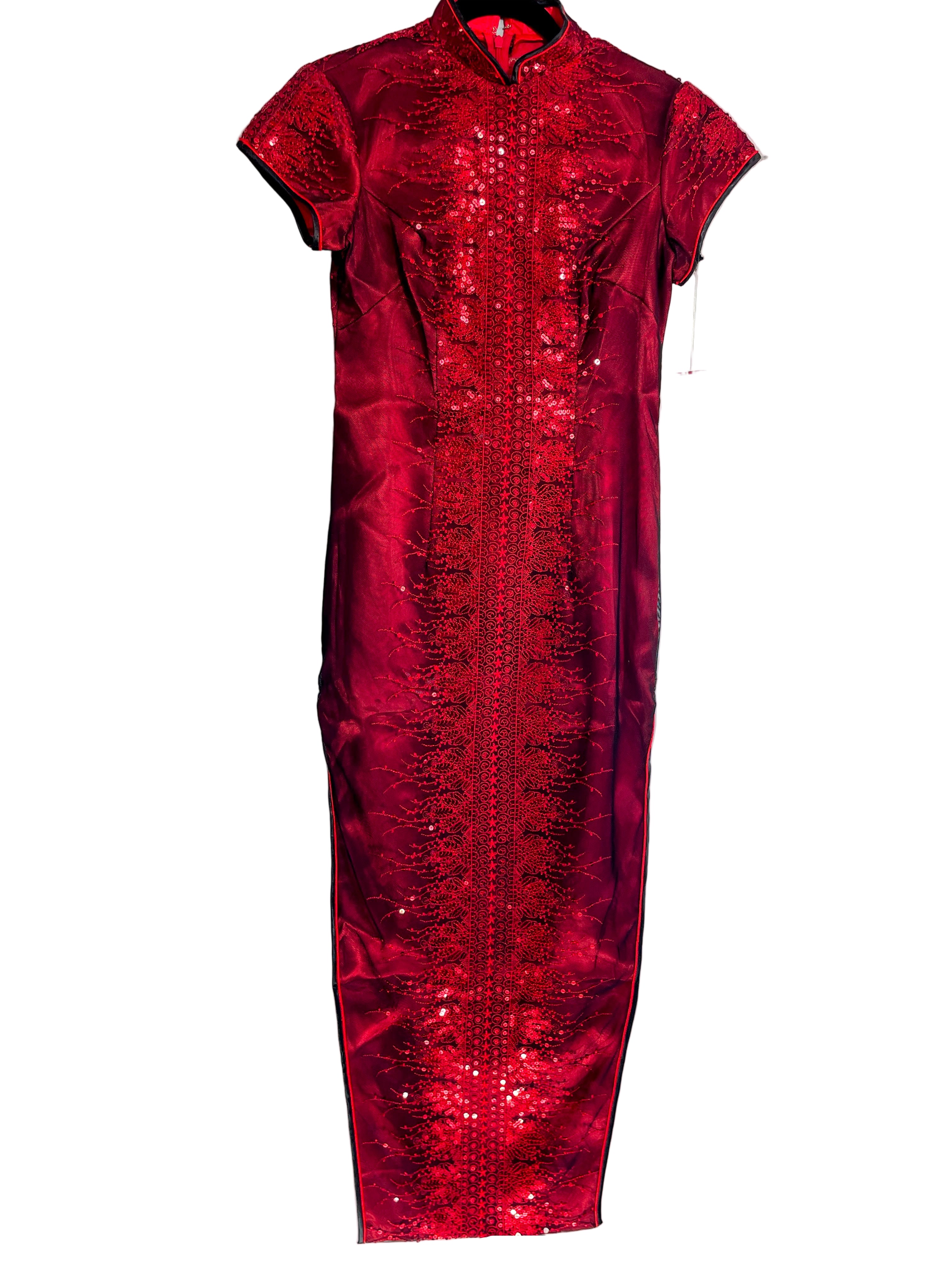 Front view of Xiang Yi red sequin qipao dress with mandarin collar and side slits