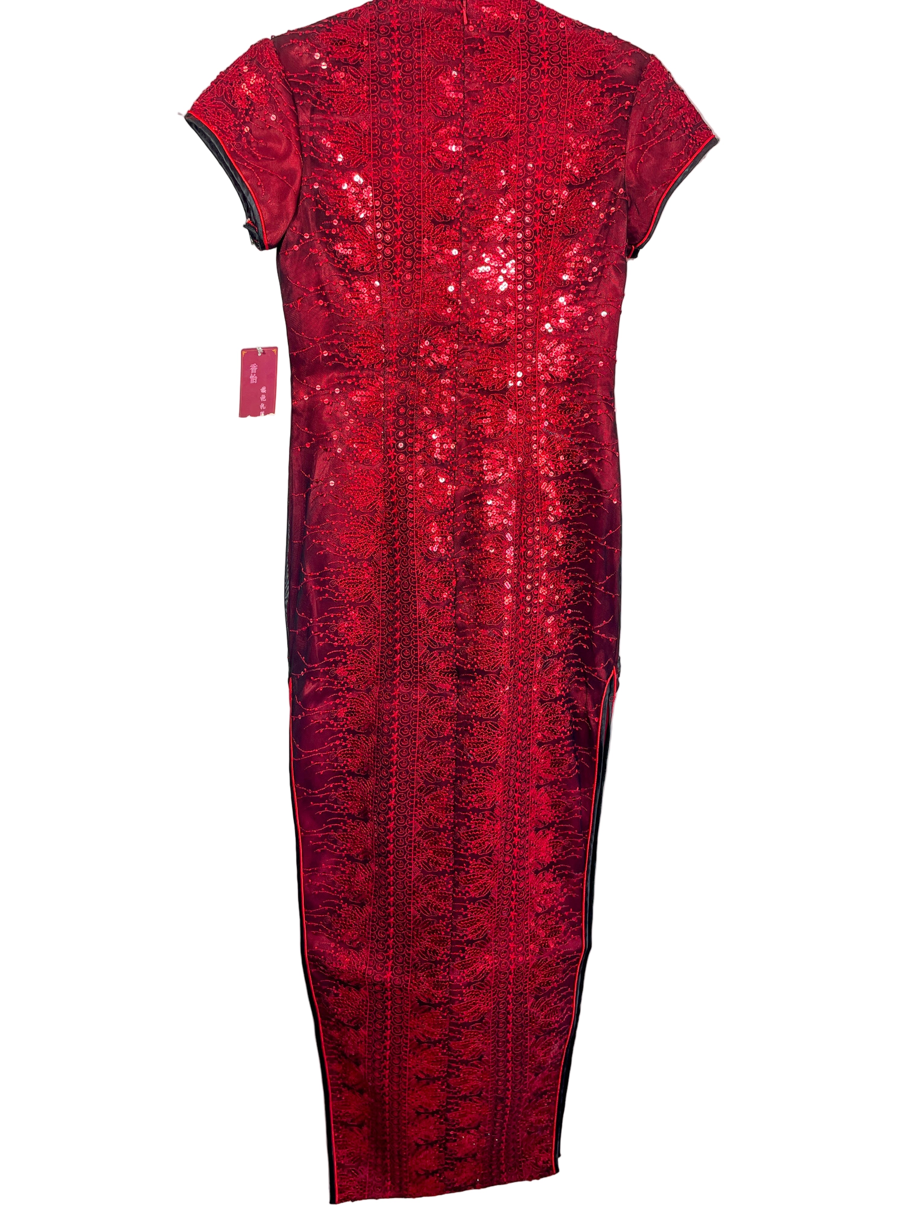 Back view of Xiang Yi red sequin formal dress with zipper closure