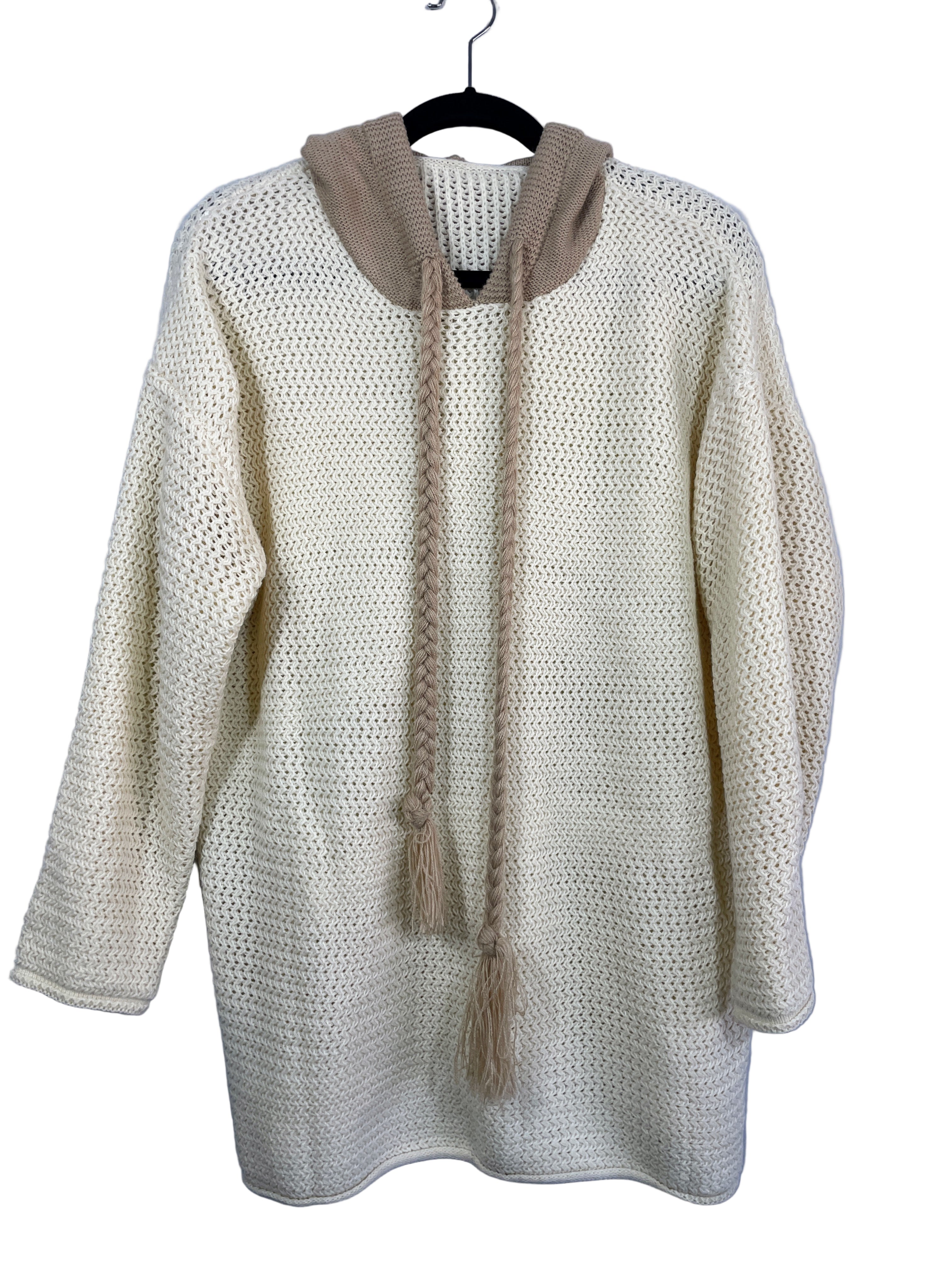 Front view of cream knit pullover hoodie sweater with brown hood and tassel ties, size XL