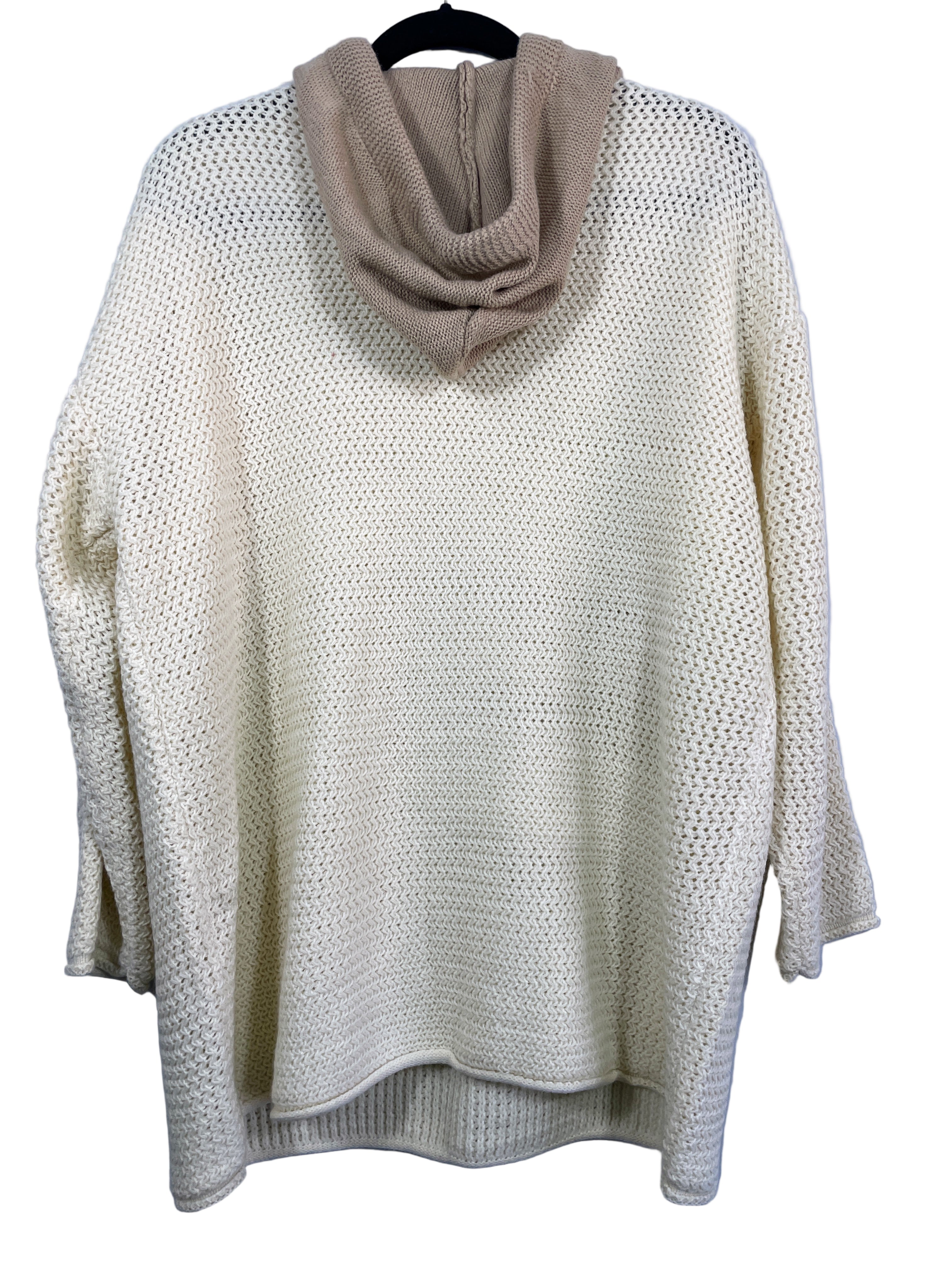 Back view of cream knit pullover hoodie sweater with brown hood, size XL