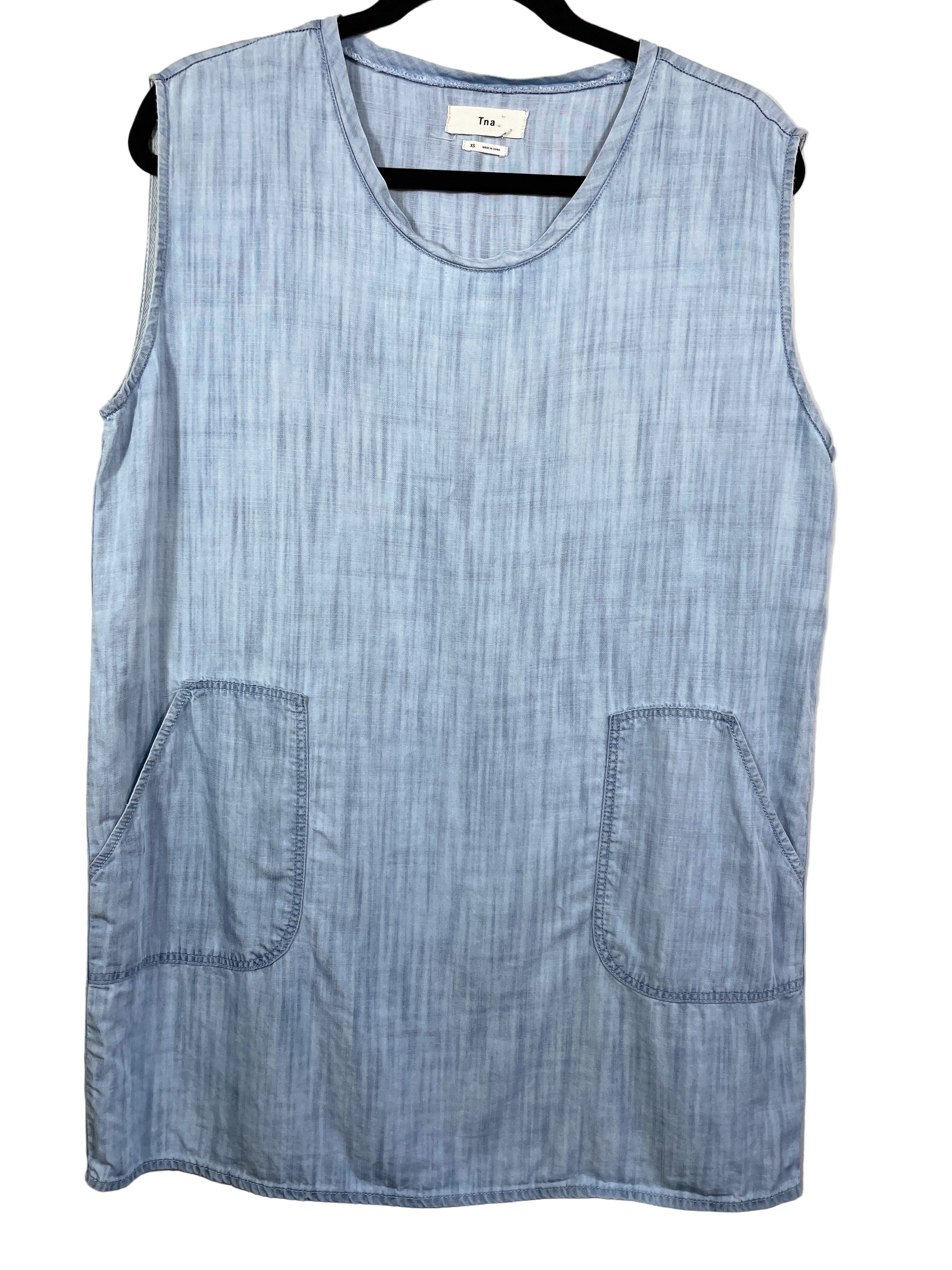 Front view of Aritzia TNA sleeveless lyocell dress size XS with front patch pockets