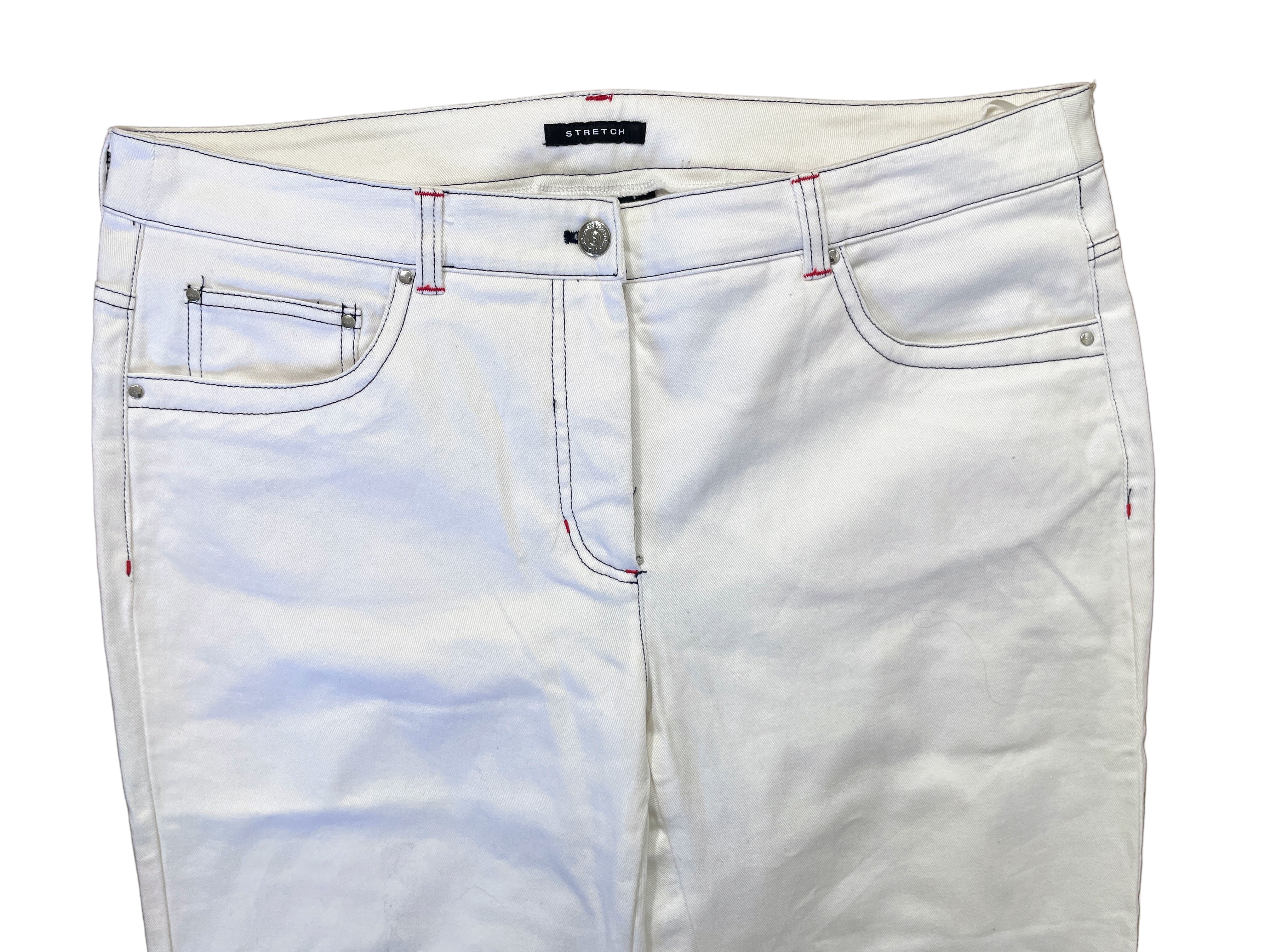 Front view of Jones New York white denim jeans showing slimming control waistband