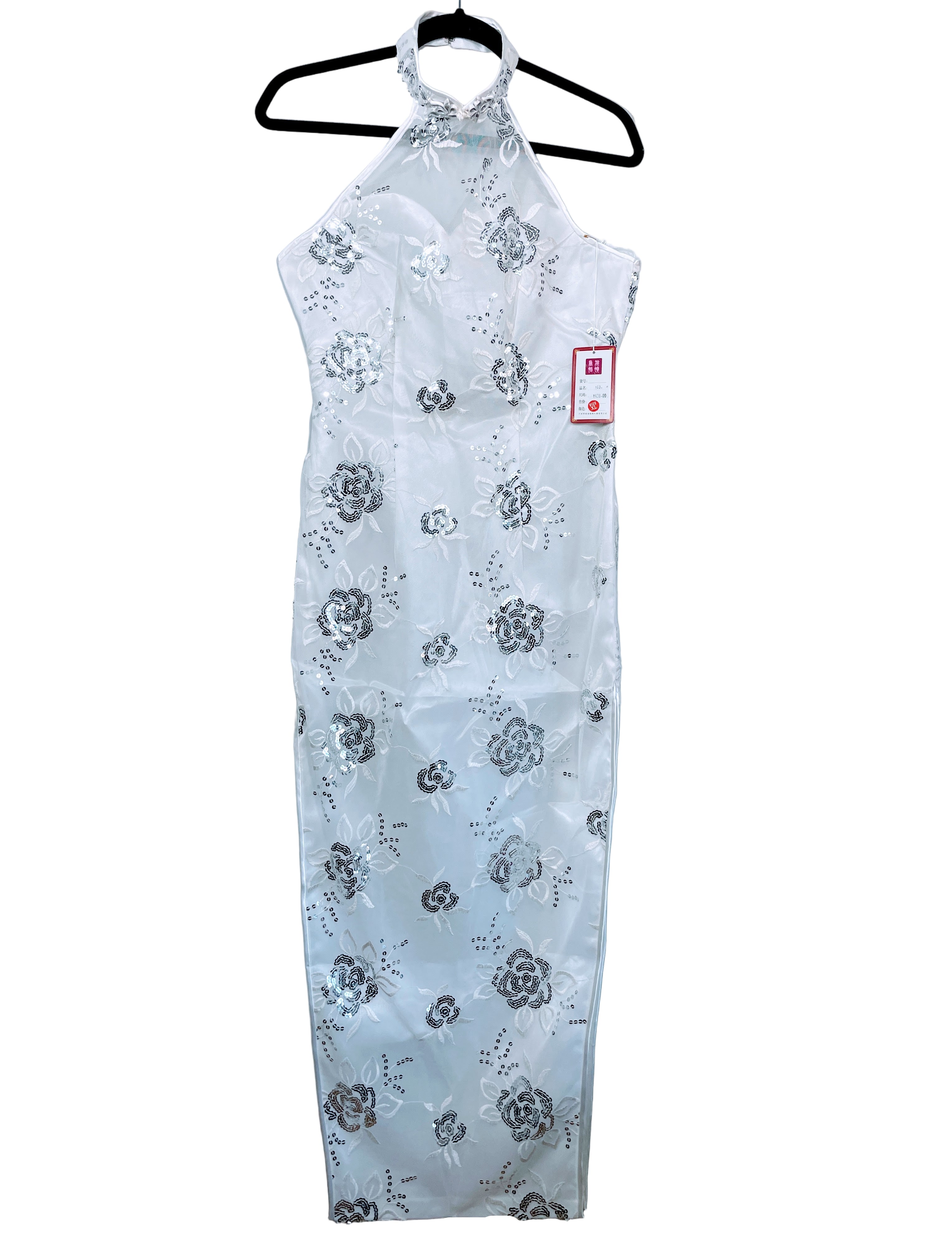 Xiang Yi white halter qipao dress front view with silver floral sequins