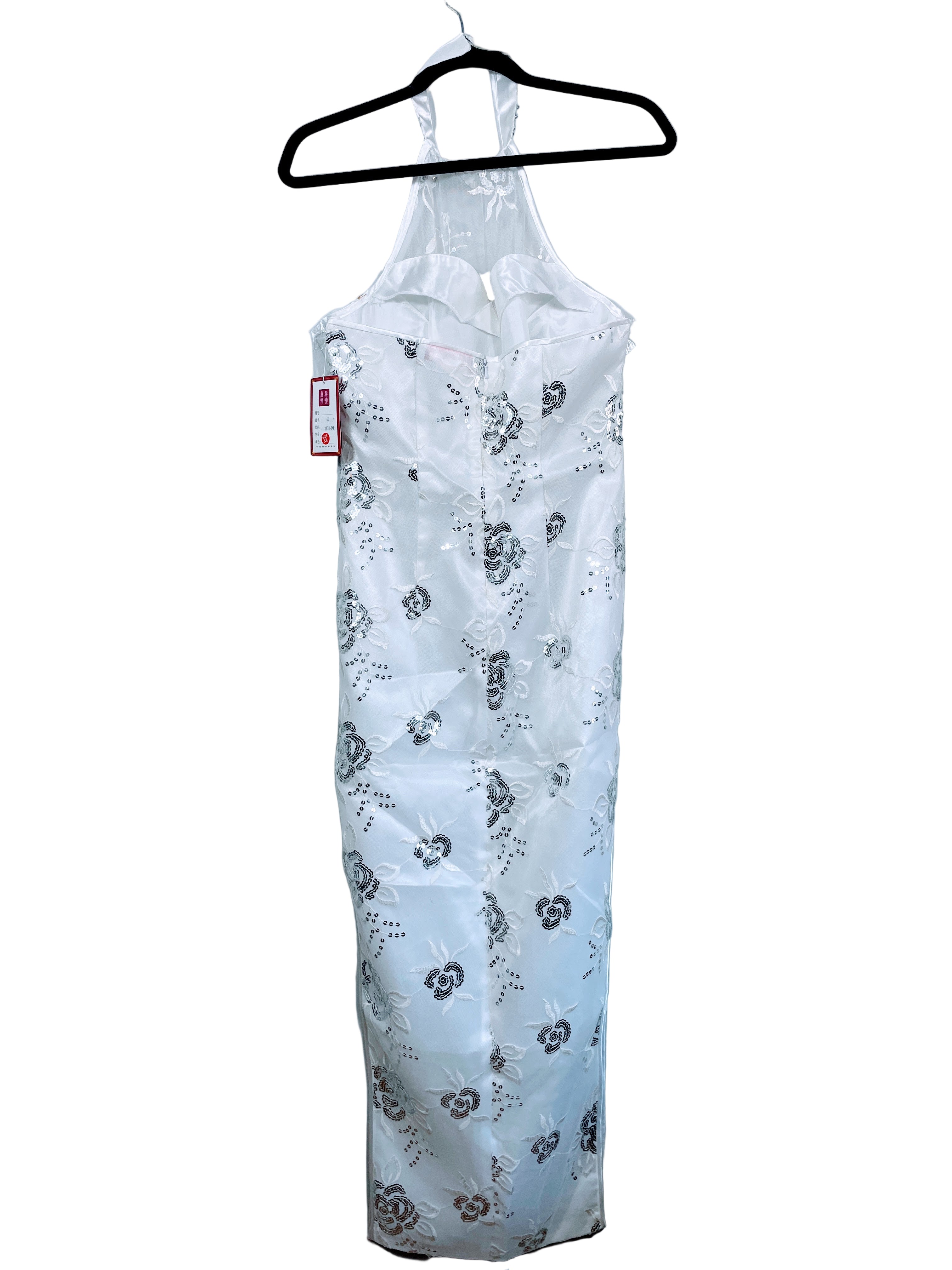 Xiang Yi white halter qipao dress back view showing zipper closure