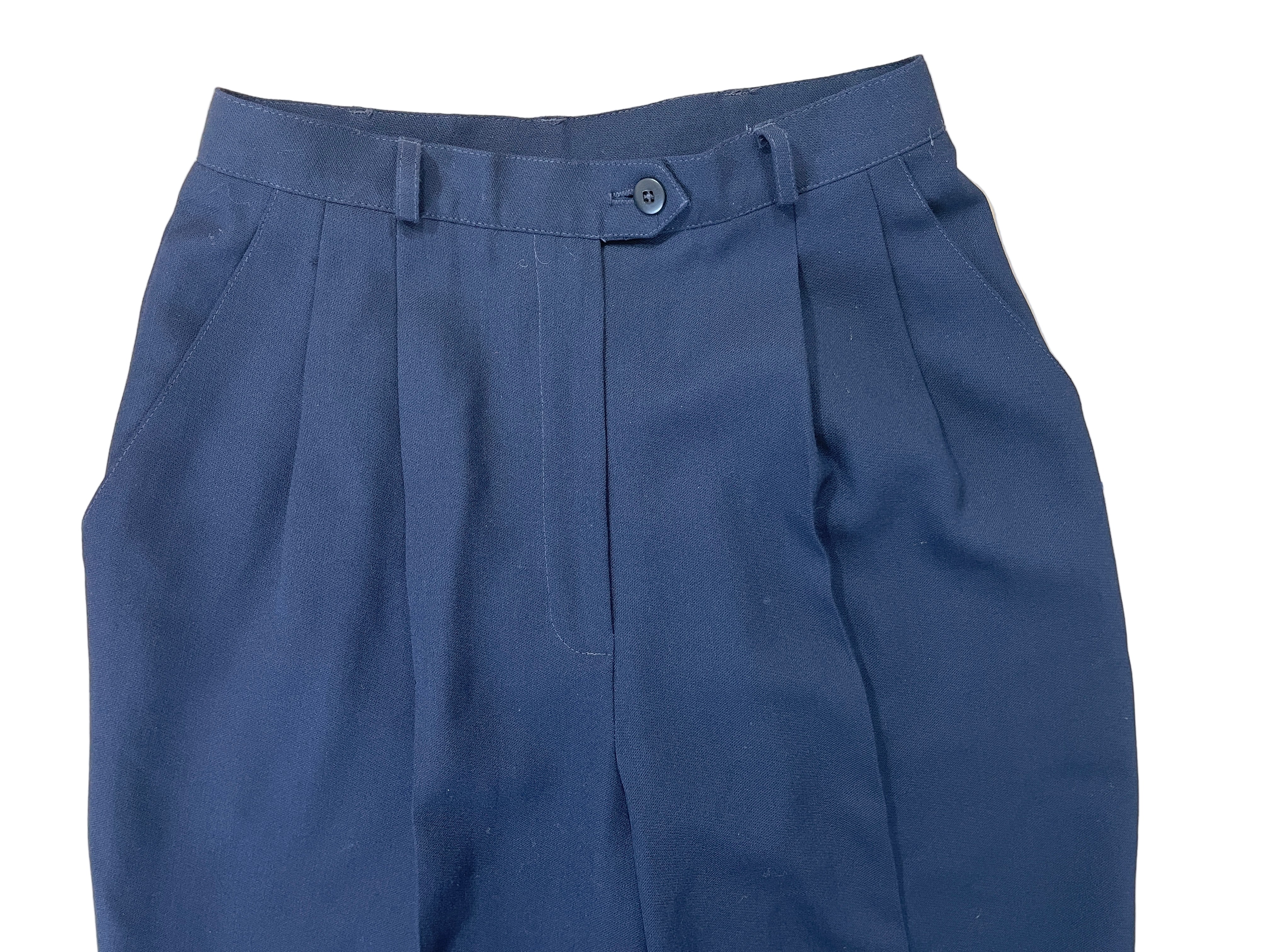 Vintage Ralph Lauren navy blue wool dress pants front view with pleats and button closure