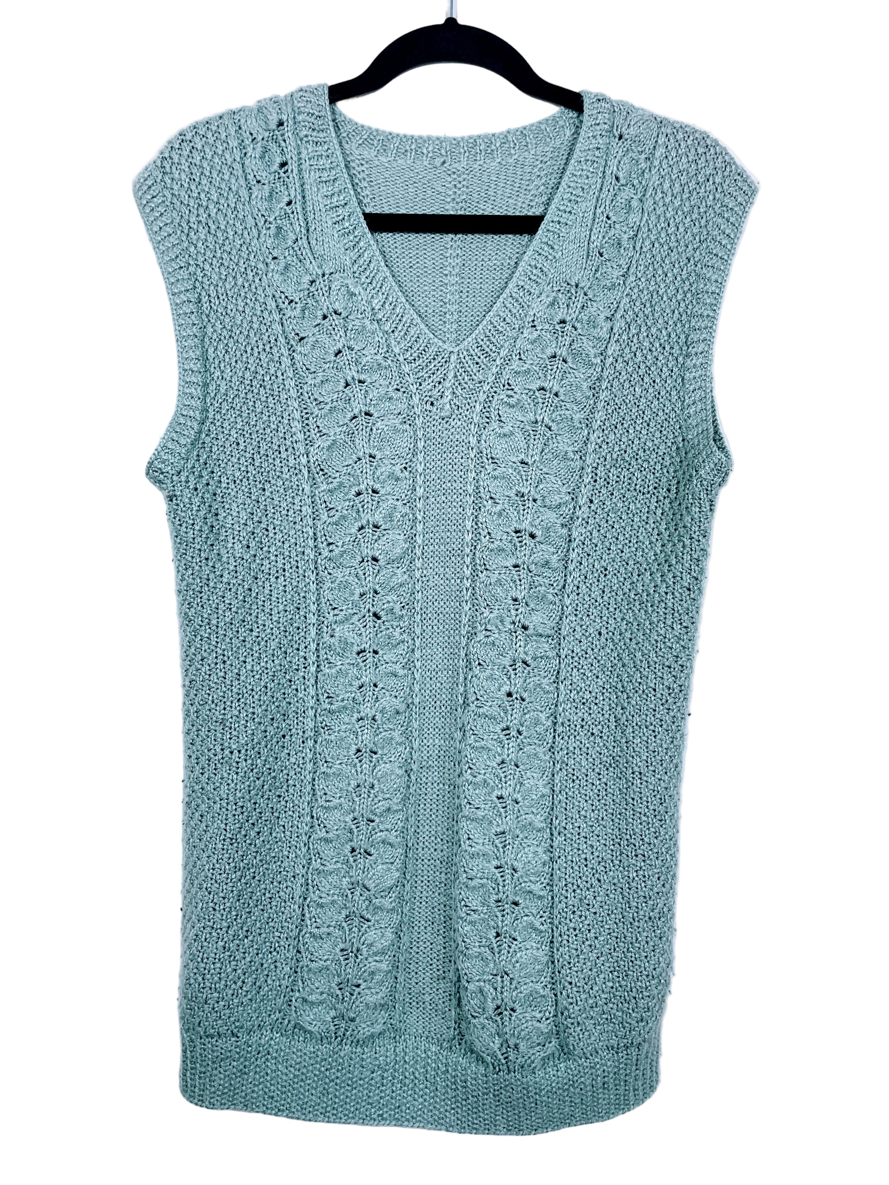 Handmade sage green knit vest front view with V-neck and cable-knit detailing