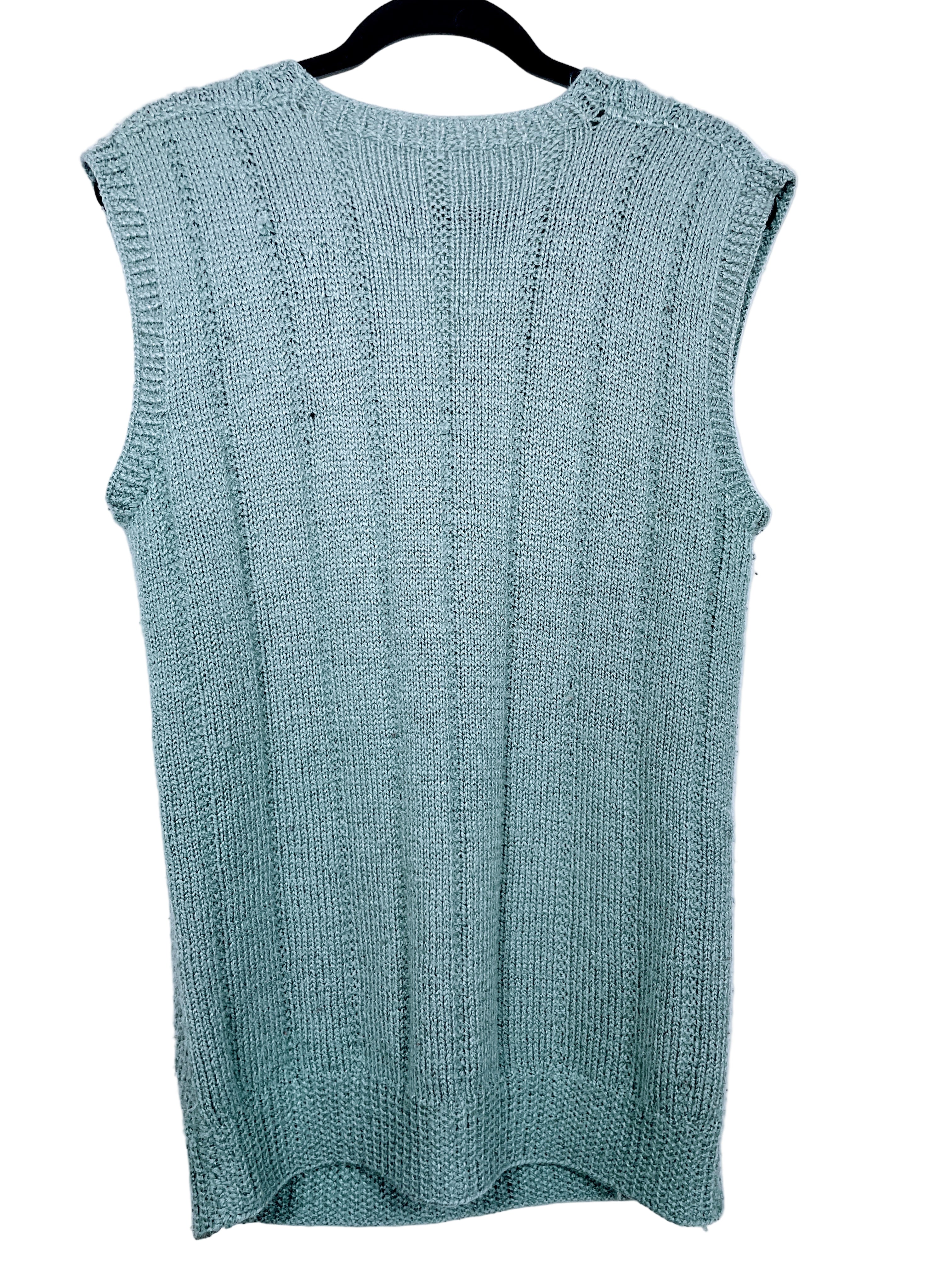 Handmade sage green knit vest back view showing ribbed knit