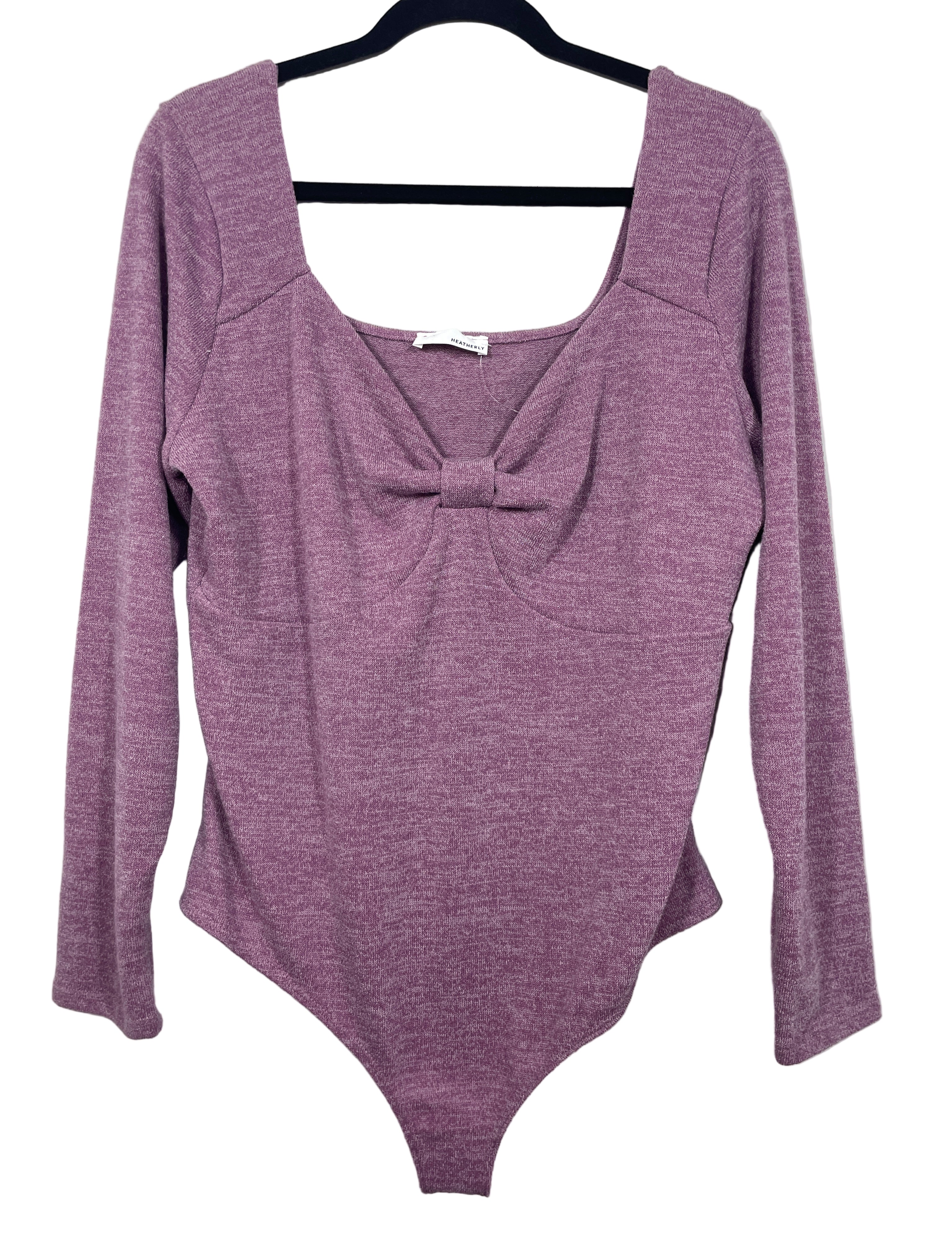 Heatherly mauve sweater bodysuit front view with bow detail