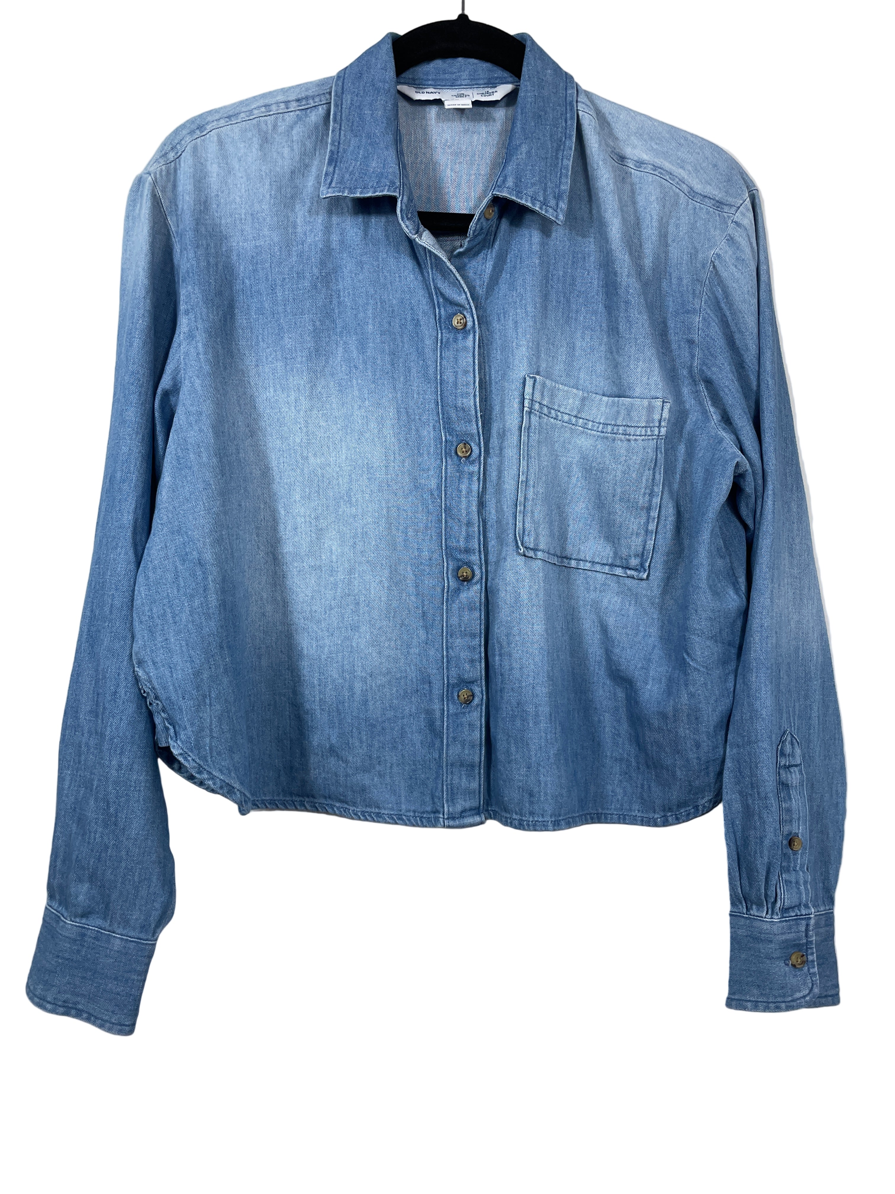 Old Navy cropped denim shirt front view with pocket detail